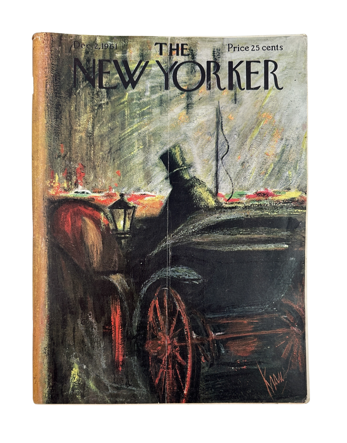 The New Yorker Magazine December 2, 1961 Horse Carriage Rainy Street Robert Kraus Cover, complete front cover featuring a horse-drawn carriage on a rainy New York street.