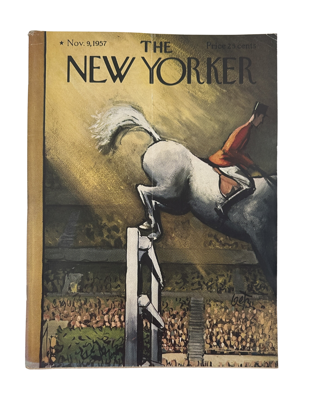 The New Yorker Magazine November 9, 1957 Horse Show Jump Arthur Getz Cover featuring an illustrated equestrian clearing a fence before a crowded horse show arena