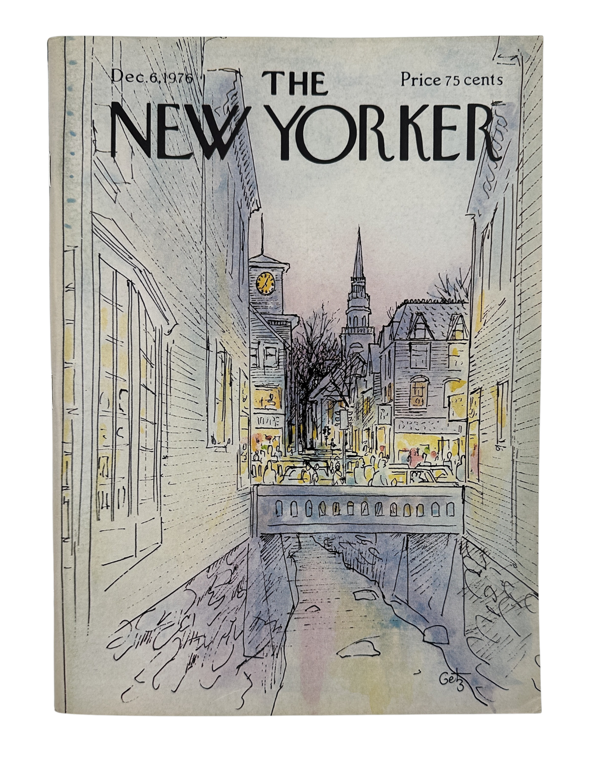 The New Yorker Magazine December 6, 197 Colonial Street Arthur Getz Cover VG, vintage illustrated cover showing a snowy New York City street and church steeple.