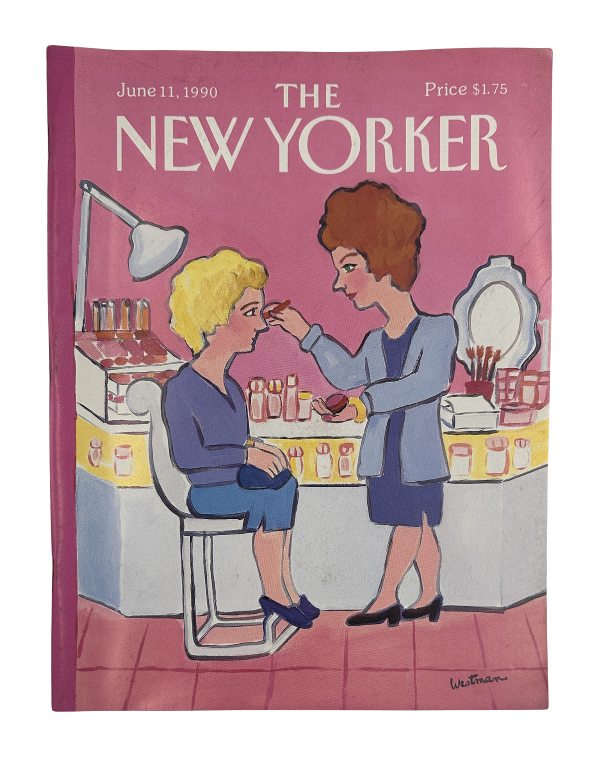 The New Yorker Magazine June 11, 1990 Beauty Salon Makeup Barbara Westman Cover, featuring an illustrated beauty salon scene with a makeup artist and customer.