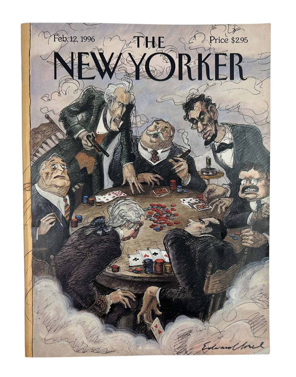 The New Yorker Magazine February 12, 1996 Political Poker Edward Sorel Cover featuring a satirical presidential poker game illustration.