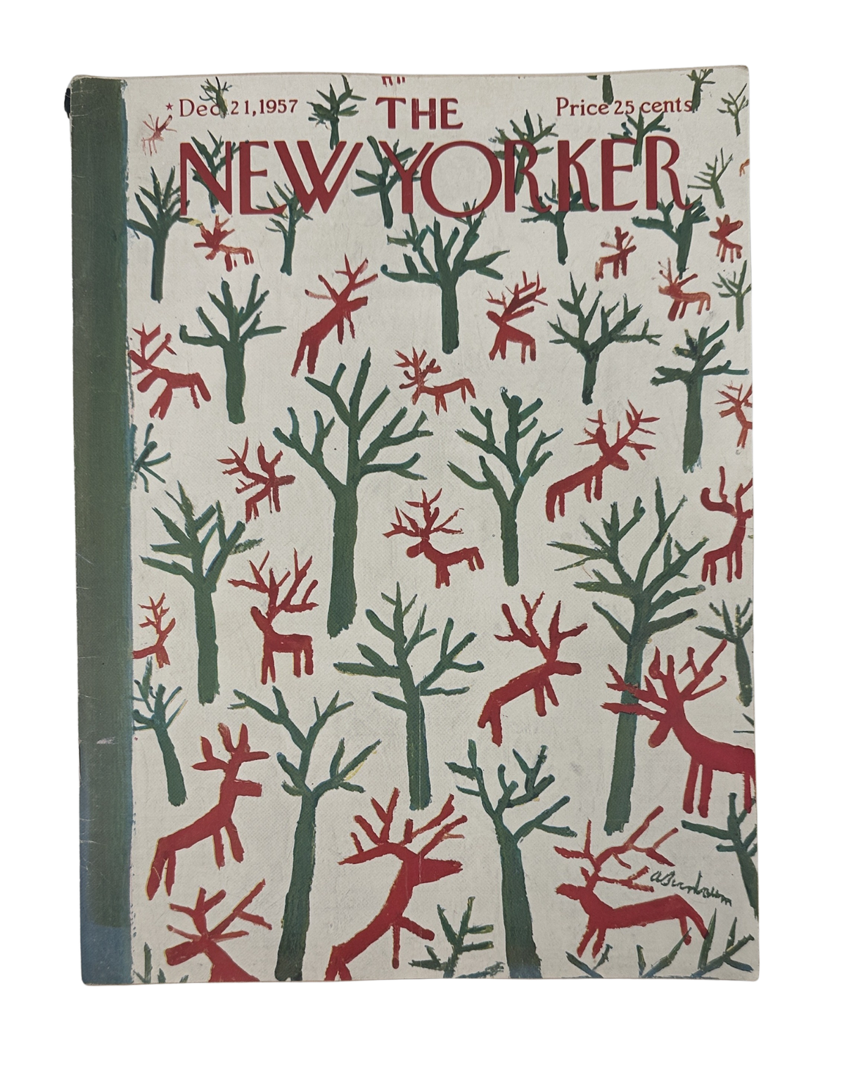 The New Yorker Magazine December 21, 1957 Reindeer Christmas Abe Birnbaum Cover, featuring a vintage Christmas pattern of red reindeer and green trees.