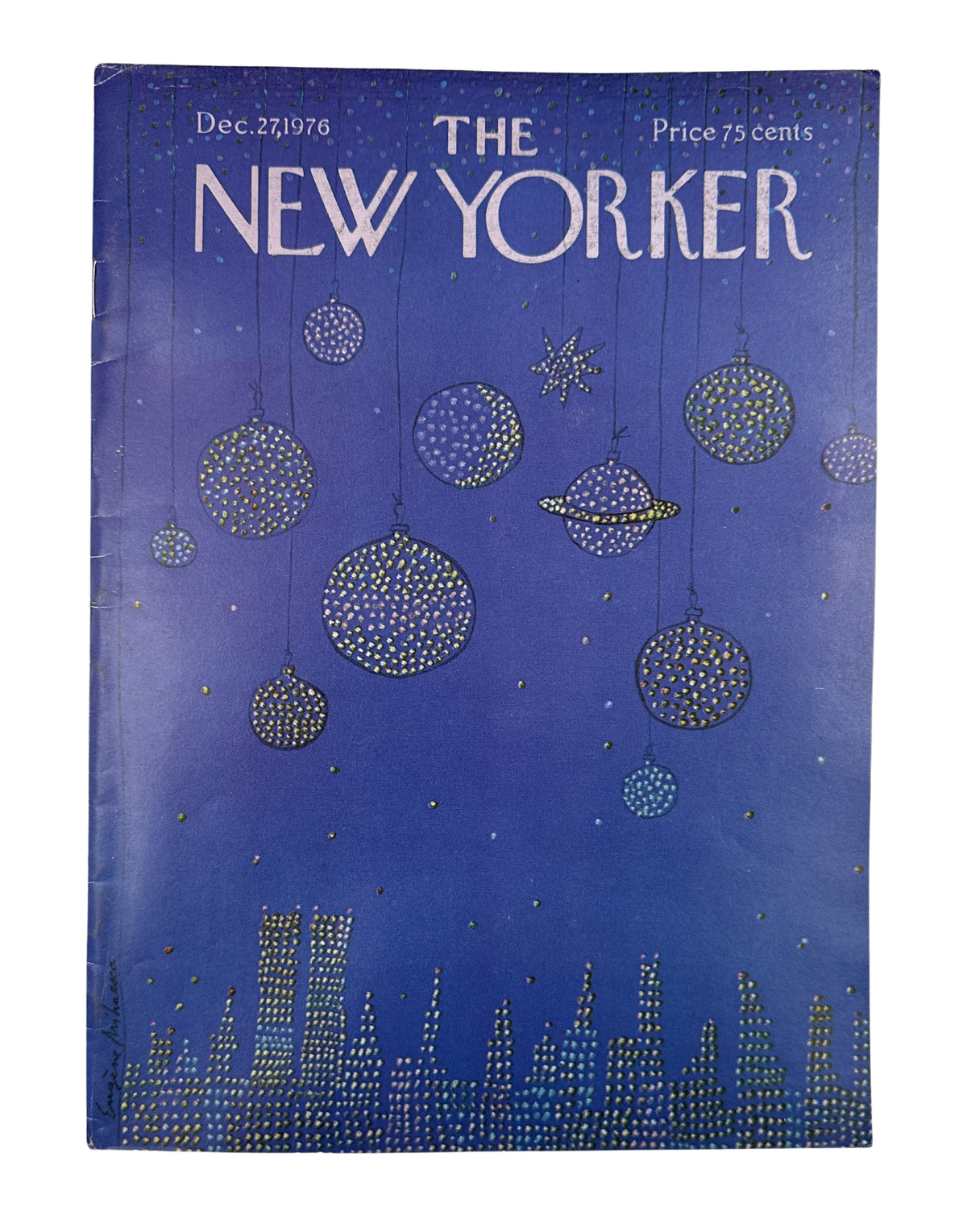 The New Yorker Magazine December 27, 1976 Skyline Christmas Ornaments Eugène Mihaesco VG, blue vintage cover featuring illustrated hanging Christmas ornaments and a New York City skyline
