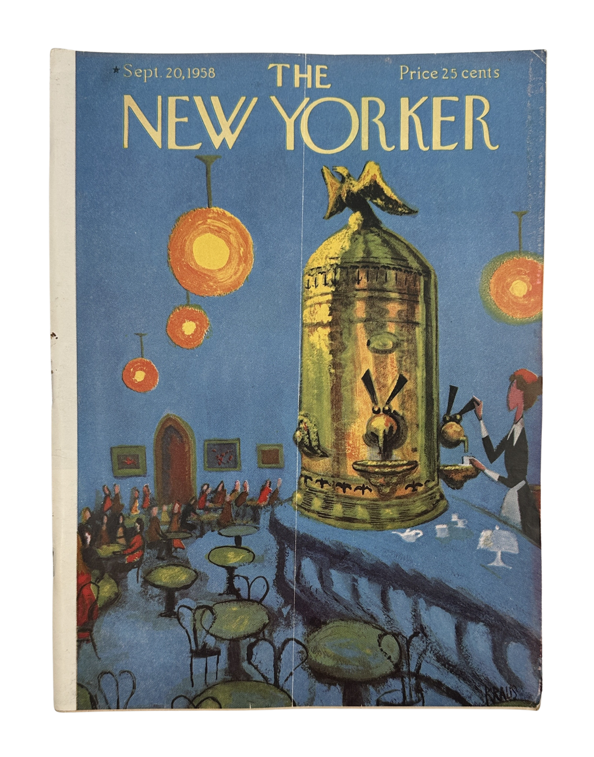 The New Yorker Magazine September 20, 1958 Cafe Coffee Robert Kraus Cover, vintage magazine front cover featuring a coffee urn, café tables, and colorful hanging lights.