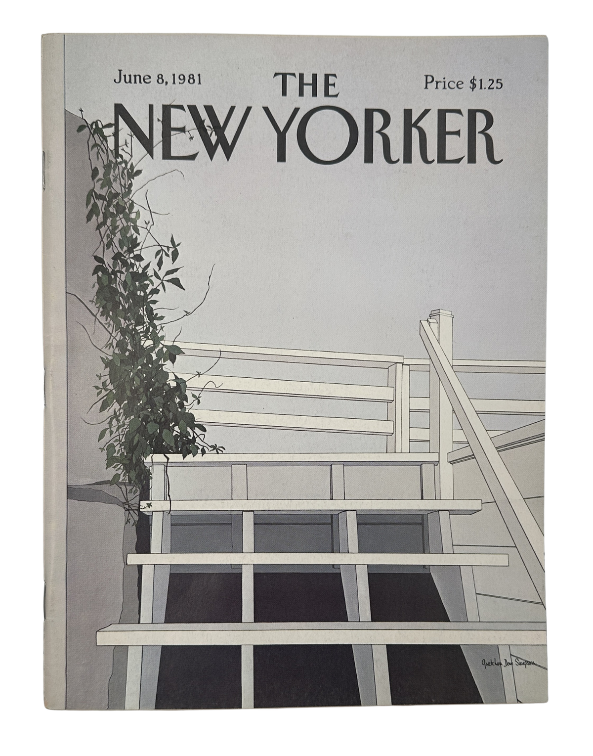 The New Yorker Magazine June 8, 1981 Deck Stairway Gretchen Dow Simpson Cover VG, featuring an illustrated outdoor deck stairway with railing and climbing ivy.