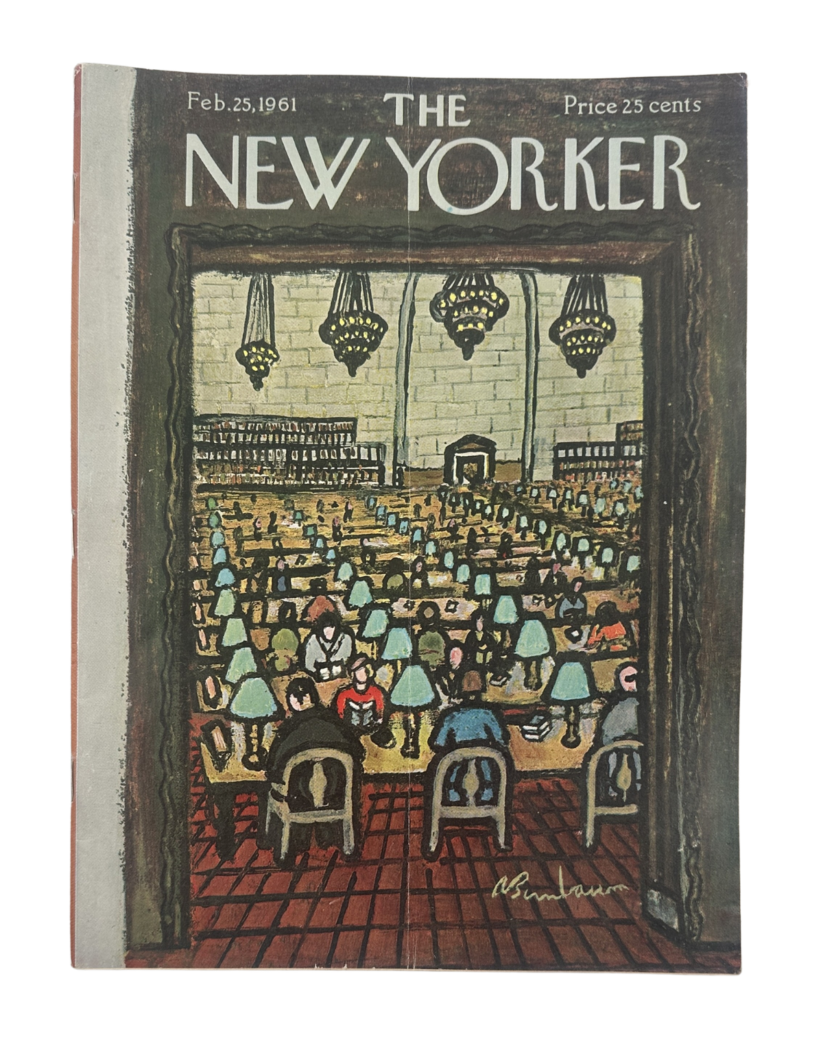 The New Yorker Magazine February 25, 1961 Library Reading Room Abe Birnbaum Cover, featuring Abe Birnbaum's illustrated library reading room cover artwork.
