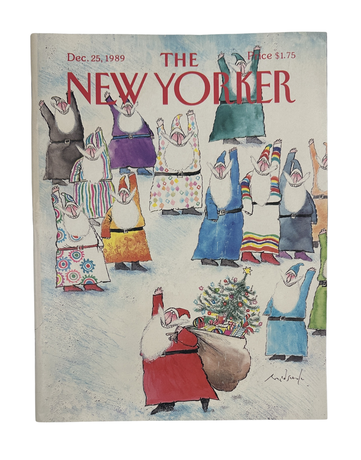 The New Yorker Magazine December 25, 1989 Christmas Tree Gift Bag Ronald Searle Cover, featuring colorful illustrated figures gathered around a decorated Christmas tree and Santa carrying a large gift bag.