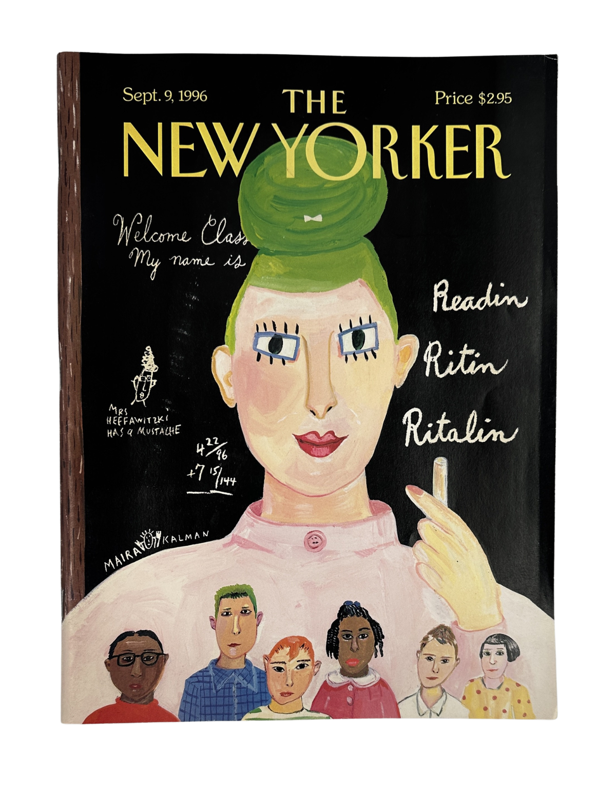 The New Yorker Magazine September 9, 1996 Classroom Teacher Chalkboard Maira Kalman Cover featuring an illustrated teacher and students with classroom chalkboard writing