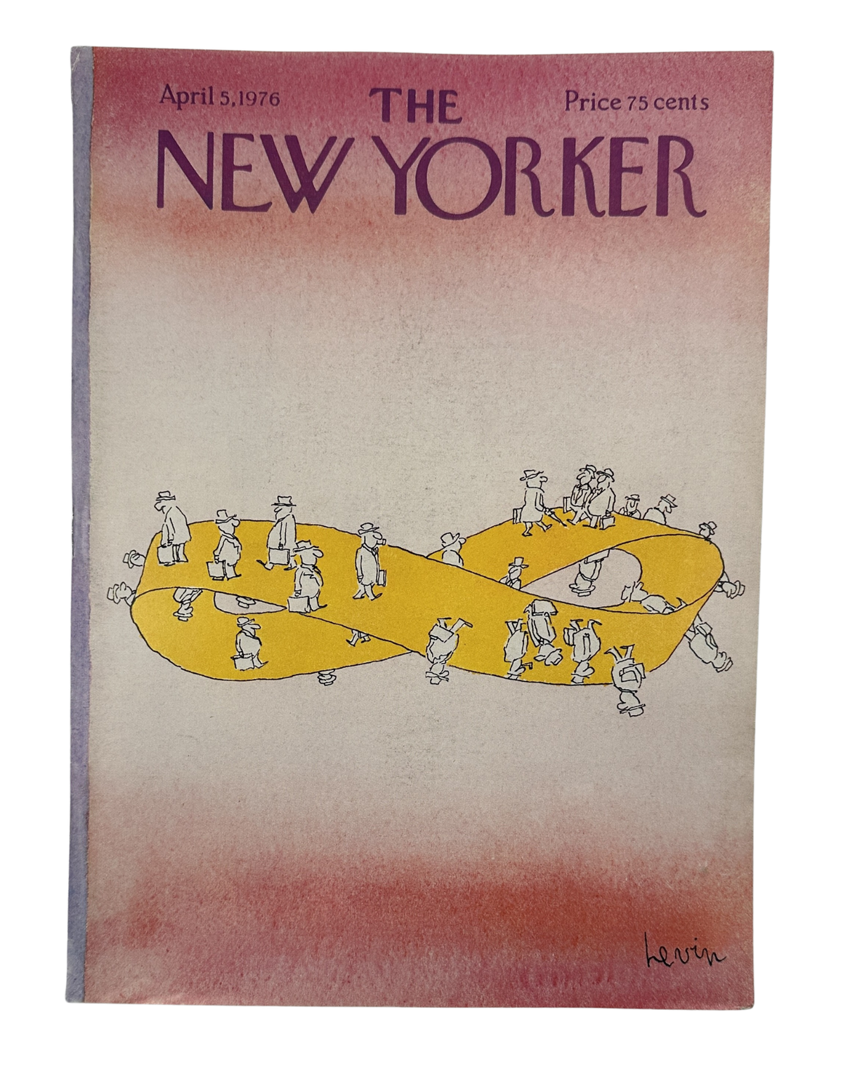 The New Yorker Magazine April 5, 1976 Infinity Businessmen Arnie Levin Cover VG, front cover featuring yellow infinity-shaped pathways and illustrated businessmen.