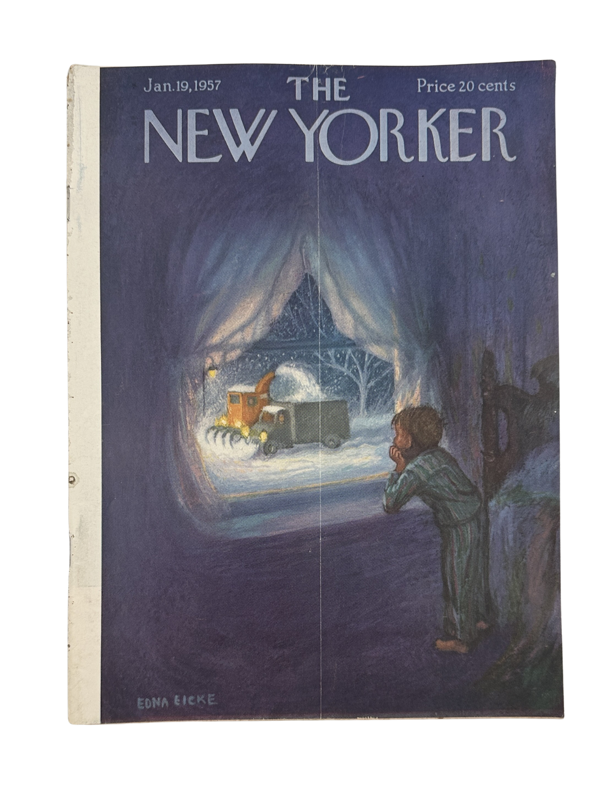 The New Yorker Magazine January 19, 1957 Winter Snowplow Edna Eicke Cover featuring a child watching a snowplow clear a snowy road