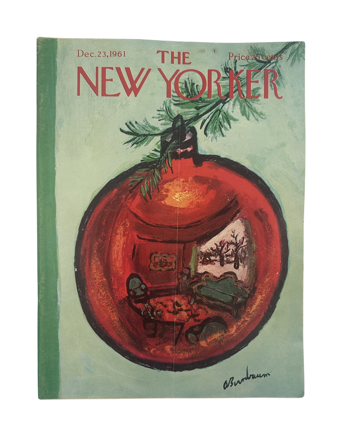The New Yorker Magazine December 23, 1961 Christmas Ornament Holiday Abe Birnbaum Cover, full front cover featuring a red Christmas ornament hanging from evergreen branches.