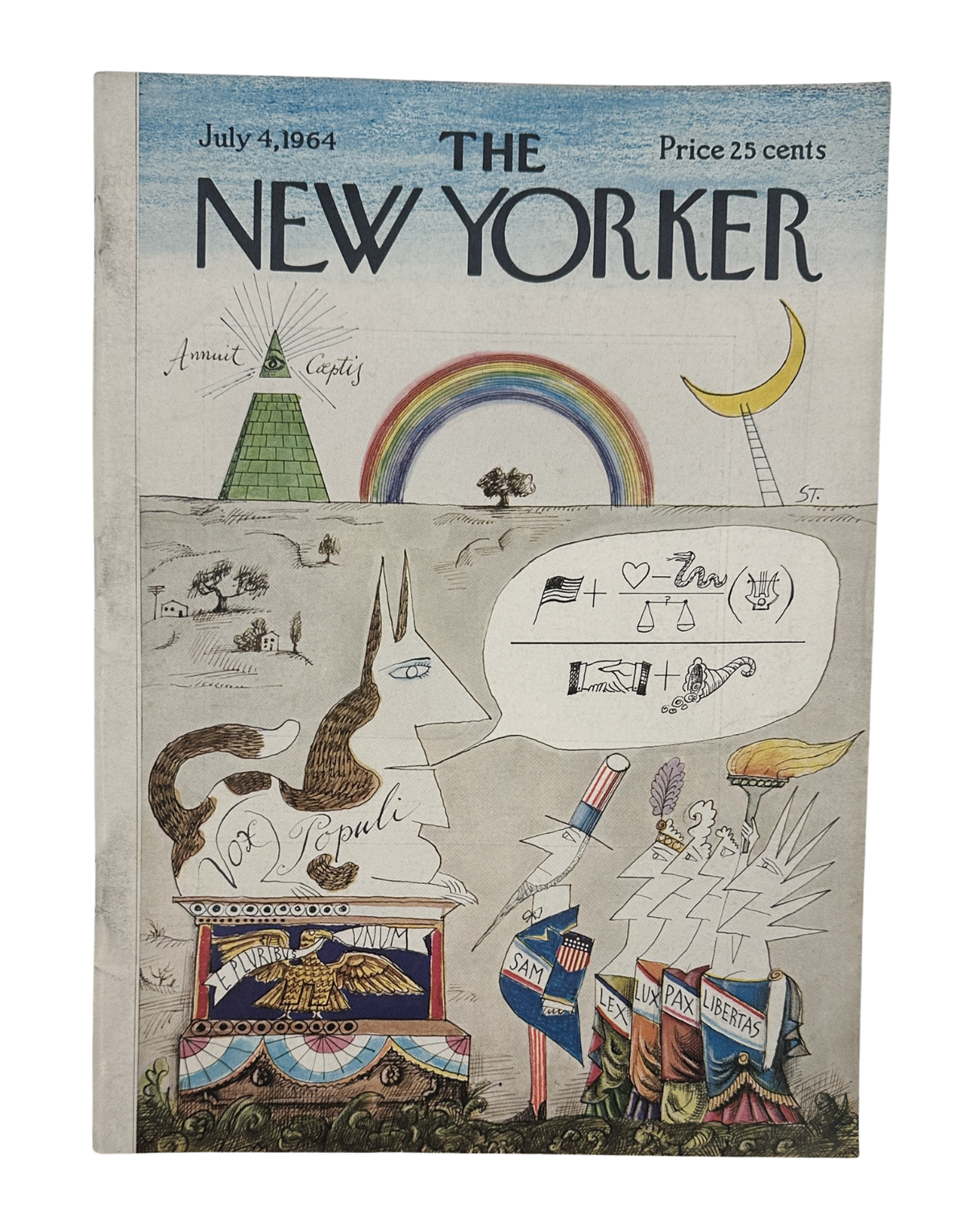 The New Yorker Magazine July 4, 1964 Patriotic Fourth of July Saul Steinberg Cover VG, featuring the illustrated patriotic cover with a rainbow, moon, American flags, and Fourth of July imagery.