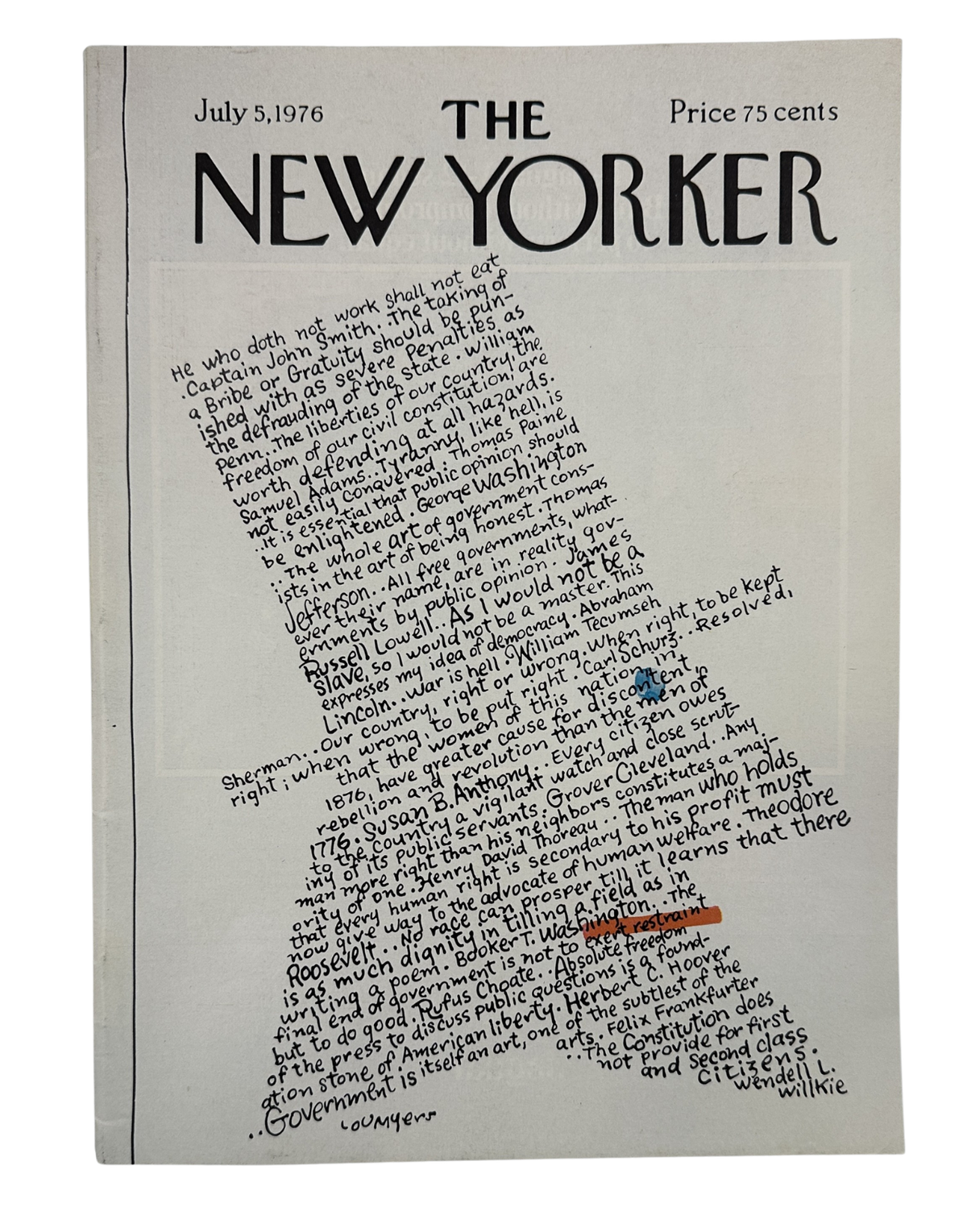 The New Yorker Magazine July 5, 1976 Liberty Bell Bicentennial Lou Myers Cover VG, showing the vintage gray cover with The New Yorker masthead, handwritten-style artwork, 75-cent price, and July 5, 1976 date.