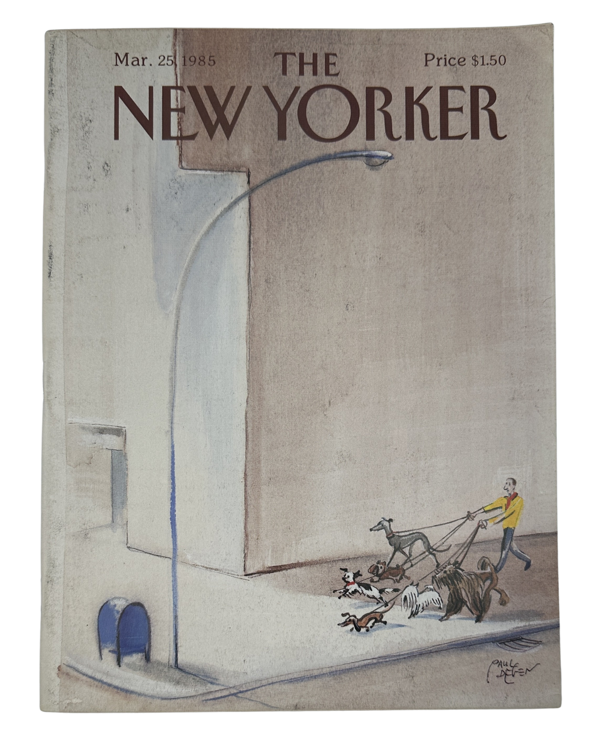 The New Yorker Magazine March 25, 1985 Dog Walker City Corner Paul Degen Cover VG, front cover featuring a dog walker with several dogs on a city street corner.