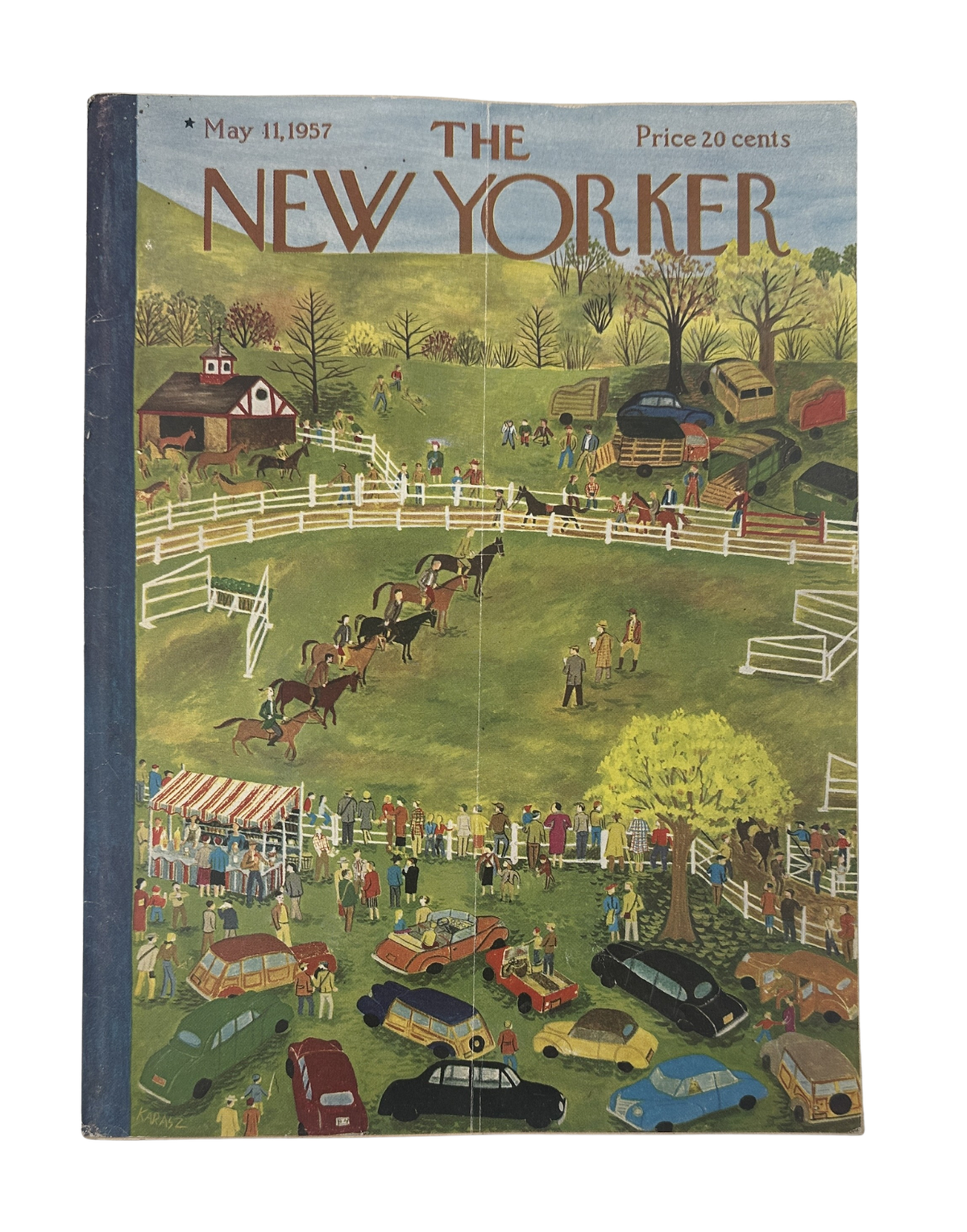 The New Yorker Magazine May 11, 1957 Horse Show Ilonka Karasz Cover featuring an illustrated horse show, riders, spectators, automobiles, and countryside scene