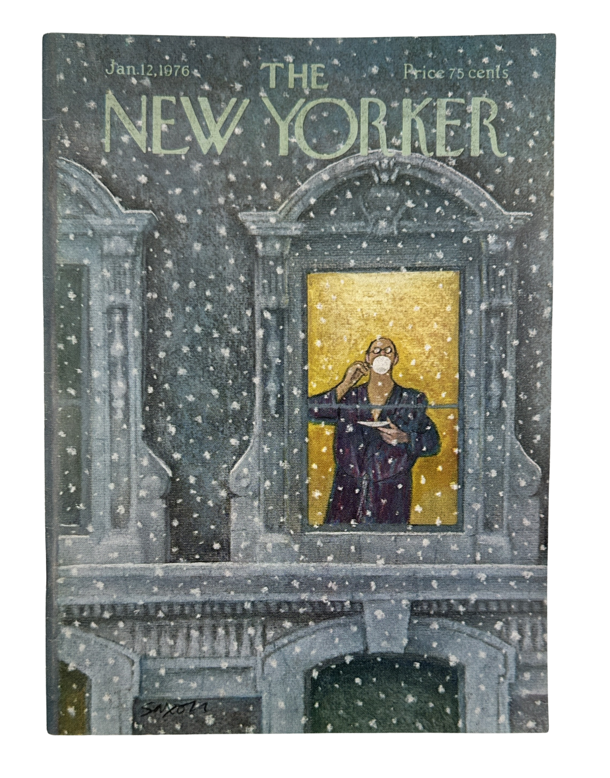 The New Yorker Magazine January 12, 1976 Snowy Window Charles Saxon Cover VG, featuring a snowy illustrated window scene with a woman standing behind a warmly lit window.
