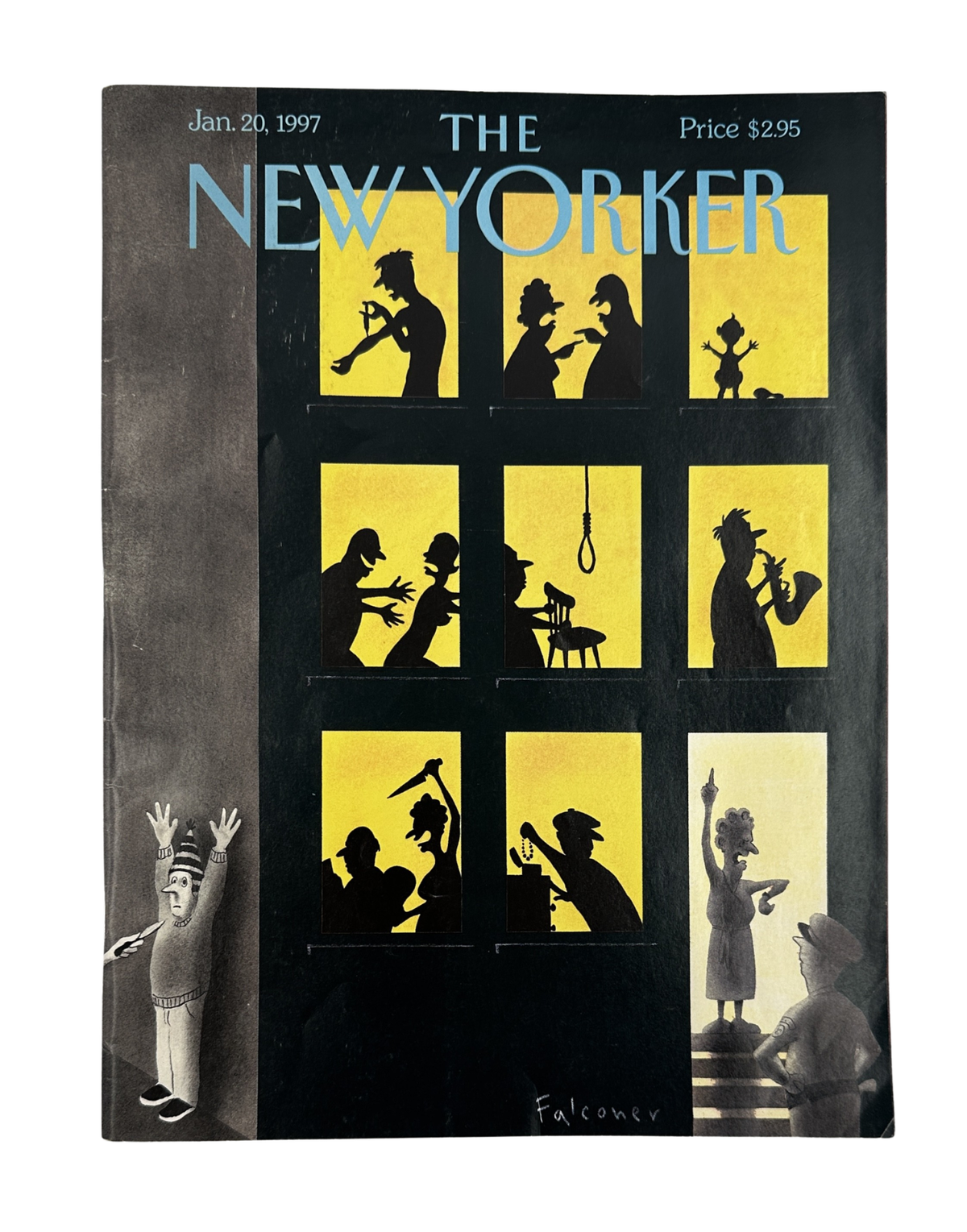 The New Yorker Magazine January 20, 1997 Disturbing the Peace Ian Falconer Cover featuring yellow and black silhouette illustrations in apartment windows