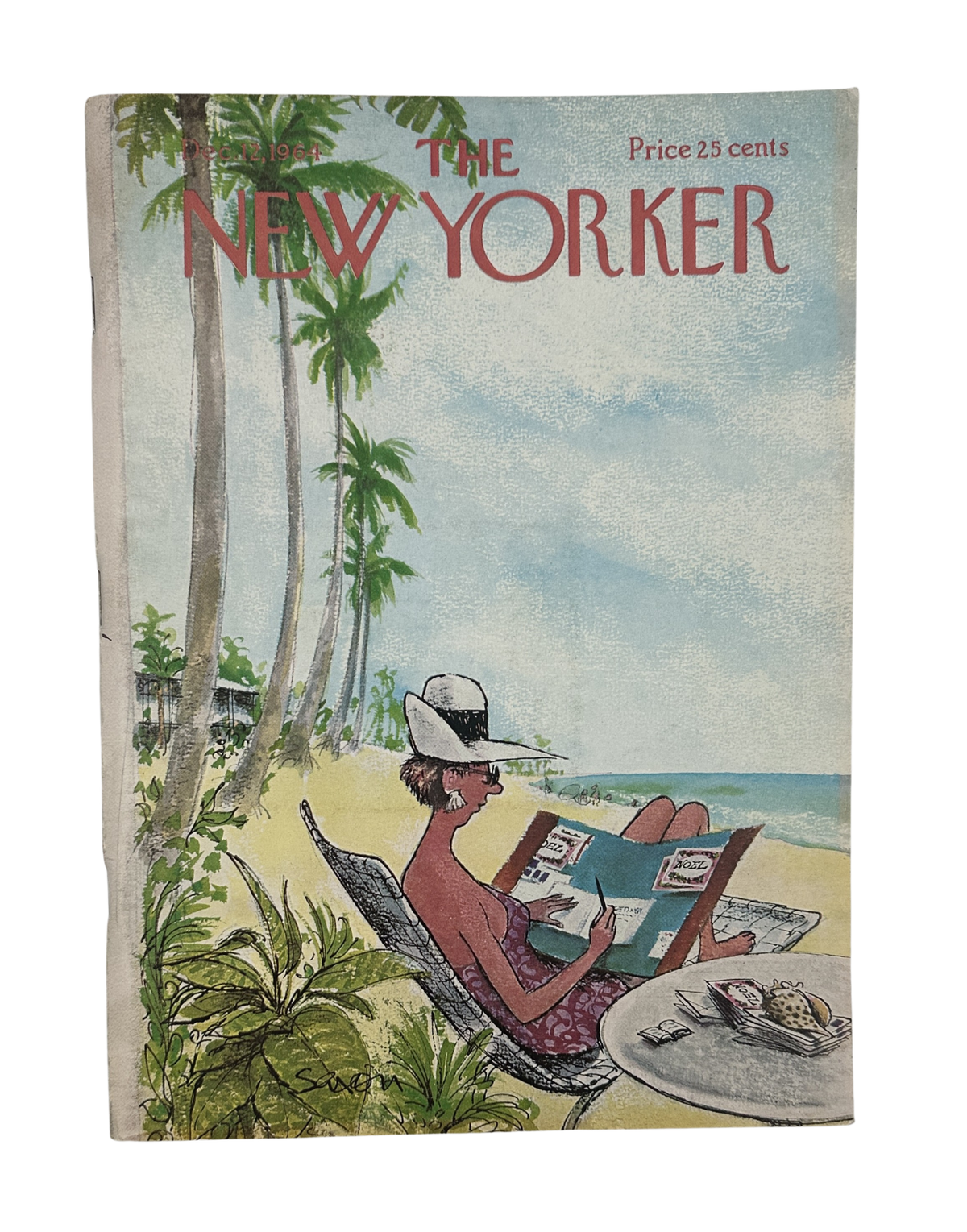 The New Yorker Magazine December 12, 1964 Beach Woman Art Charles D. Saxon Cover VG, featuring a woman relaxing beneath palm trees on a tropical beach.