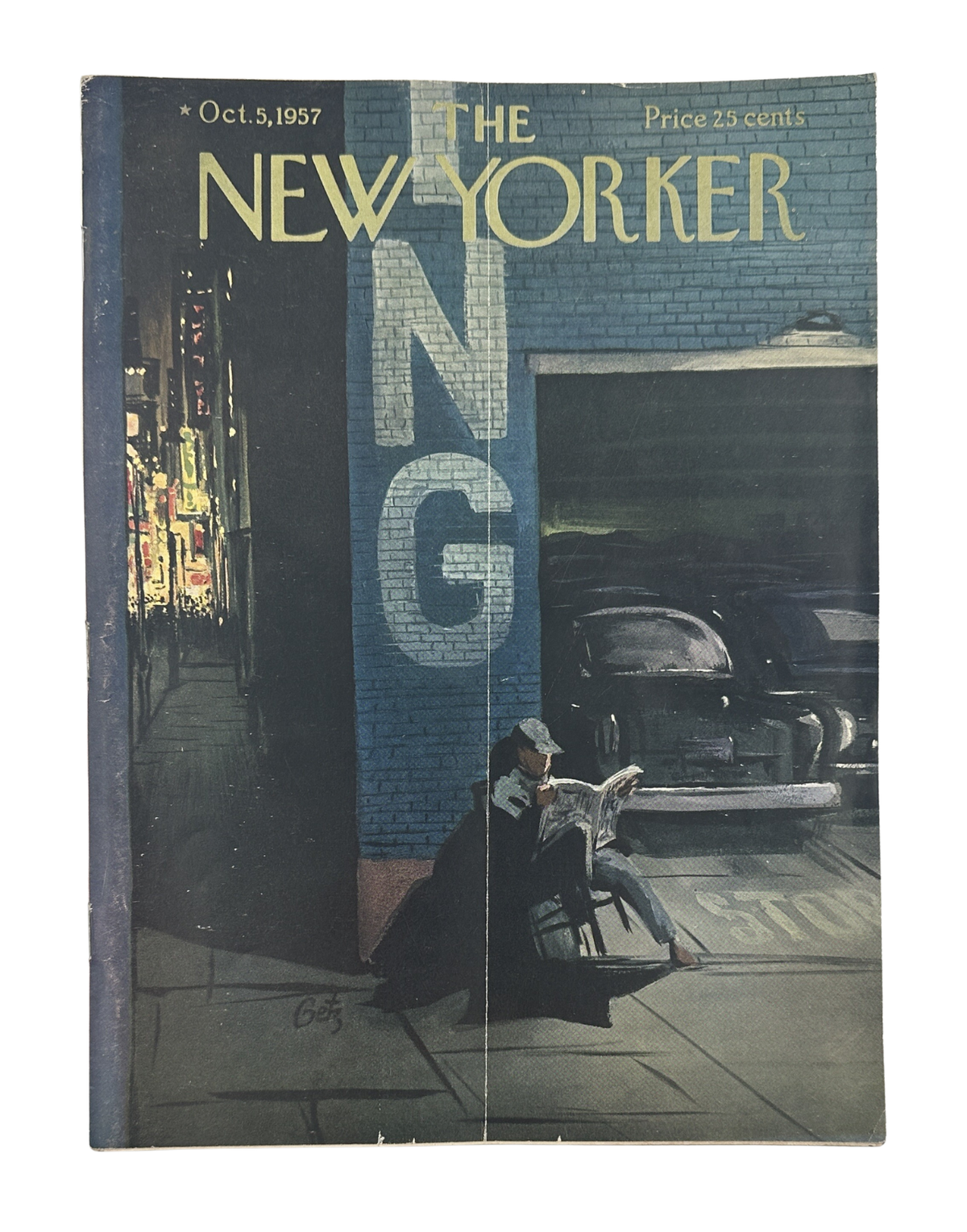 The New Yorker Magazine October 5, 1957 NYC Garage Arthur Getz Cover, vintage cover illustration showing a New York City garage, parked car, and seated figure.