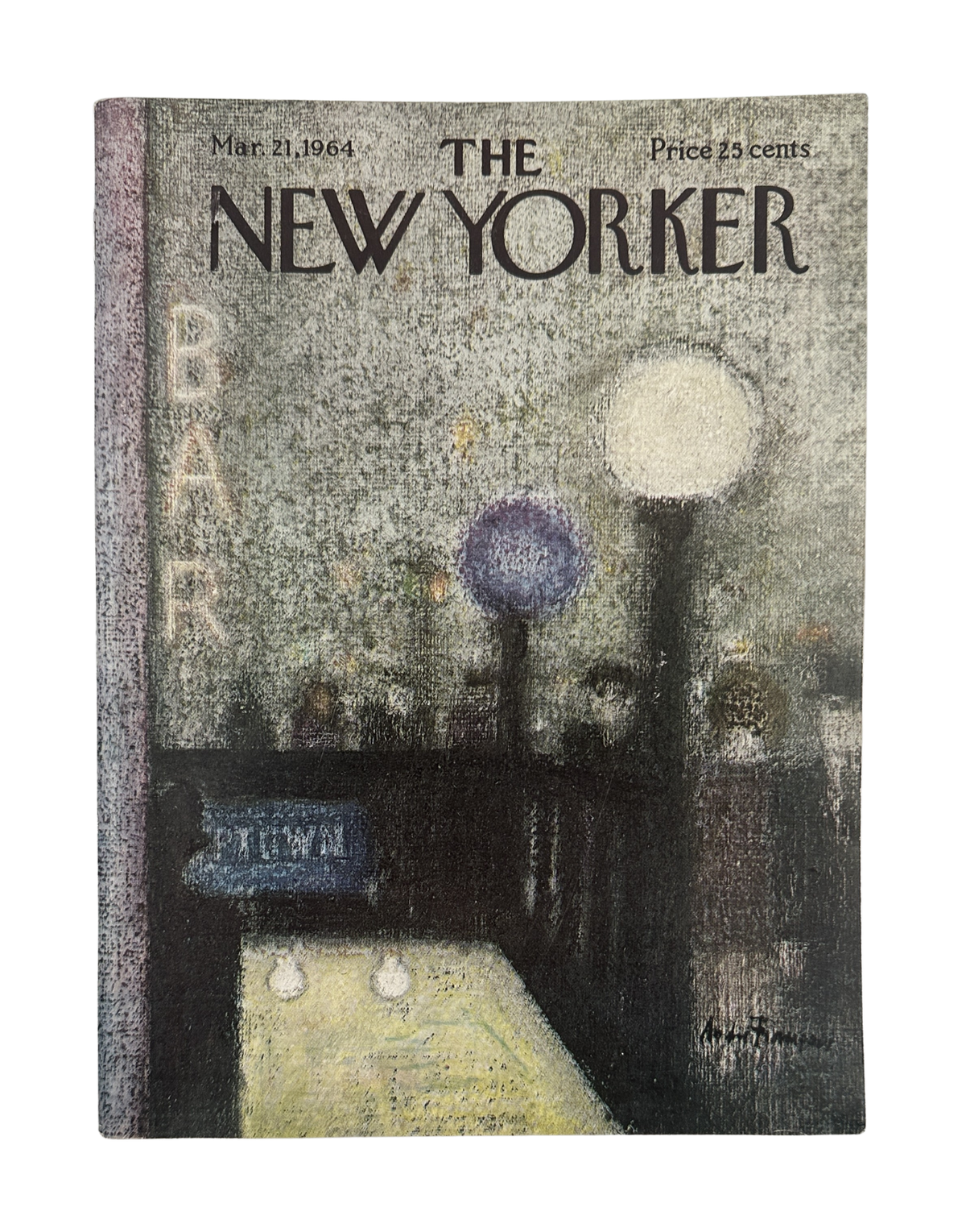 The New Yorker Magazine March 21, 1964 Night City Lights André François Cover VG, featuring a nighttime city street scene with glowing windows and moonlike lights.