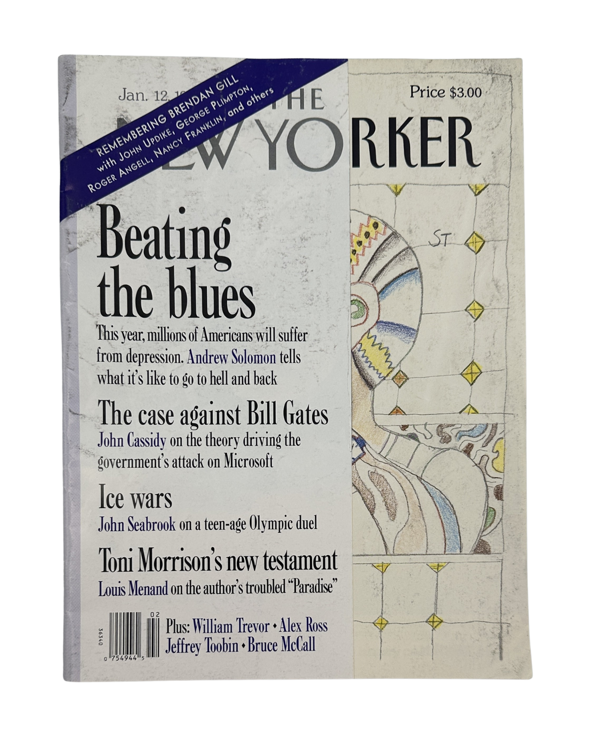 The New Yorker Magazine January 12, 1998 The Man in the Mirror Saul Steinberg Cover, showing the vintage magazine front cover with feature headlines including Beating the Blues, The Case Against Bill Gates, Ice Wars, and Toni Morrison's New Testament.