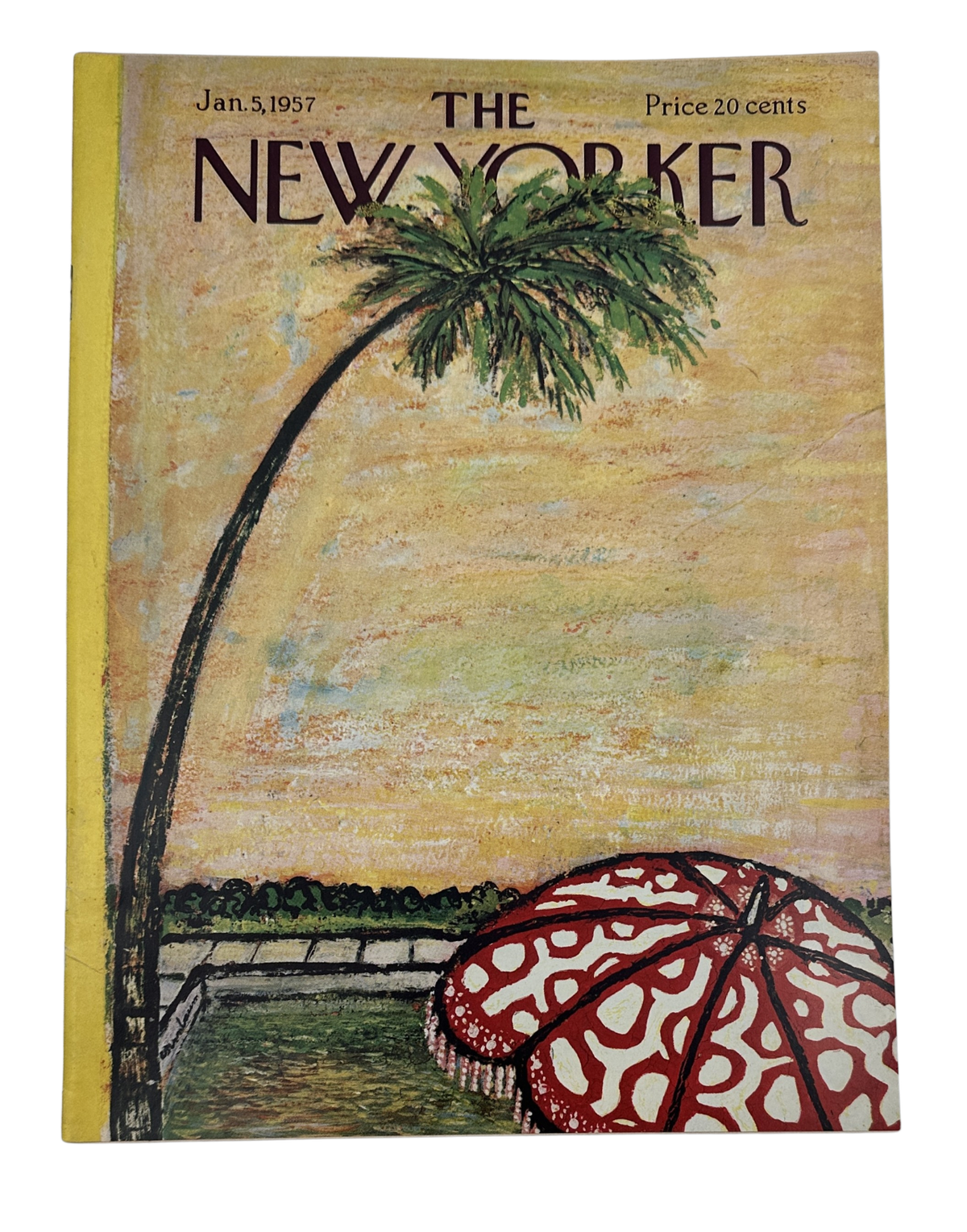 The New Yorker Magazine January 5, 1957 Palm Tree Umbrella Abe Birnbaum Cover VG