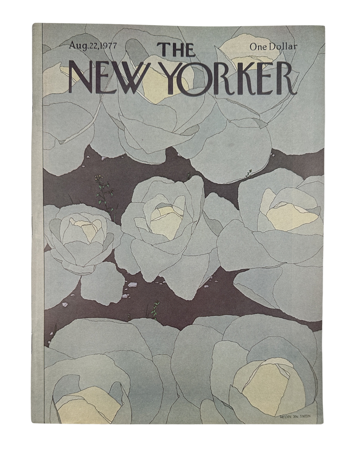 The New Yorker Magazine August 22, 1977 White Roses Floral Gretchen Dow Simpson cover, featuring a vintage illustration of white and gray roses with the New Yorker masthead.