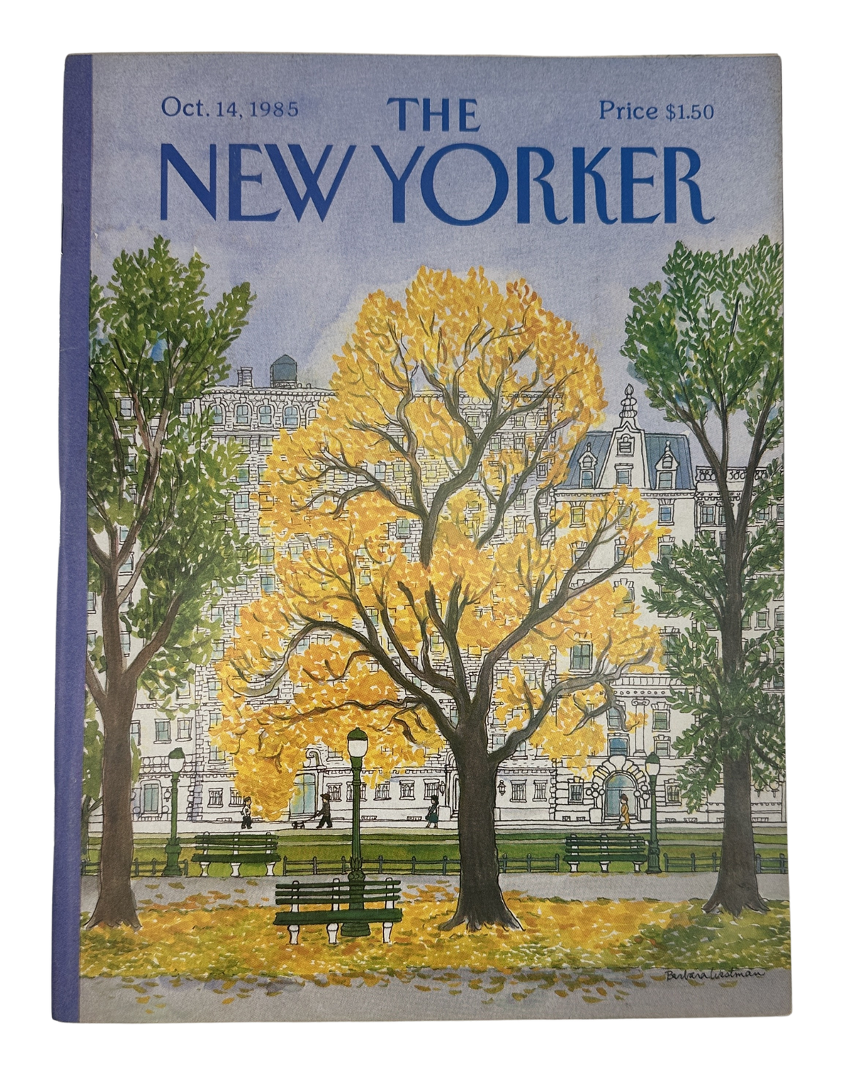 The New Yorker Magazine October 14, 1985 Autumn Park Tree Barbara Westman Cover VG, featuring an illustrated autumn park scene with colorful trees, benches, and New York City brownstones.