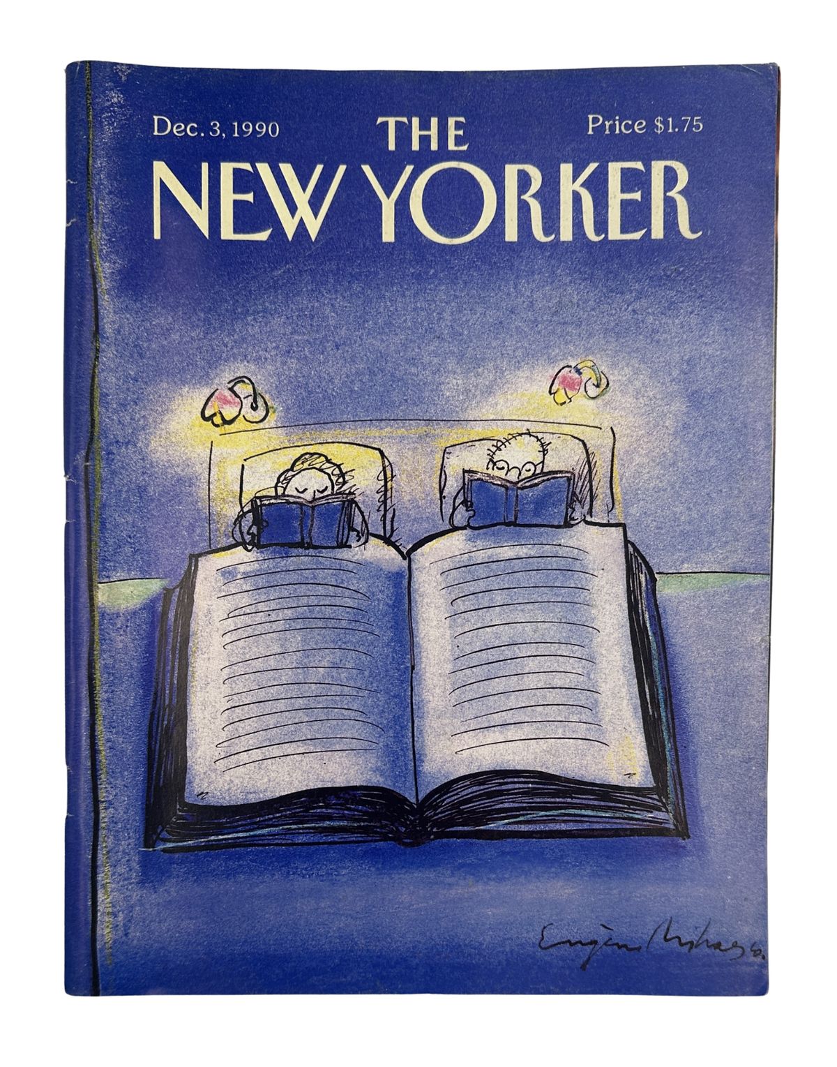 The New Yorker Magazine December 3, 1990 Bedtime Story Giant Book Eugène Mihaesco Cover featuring two children reading in bed beneath a deep blue sky.