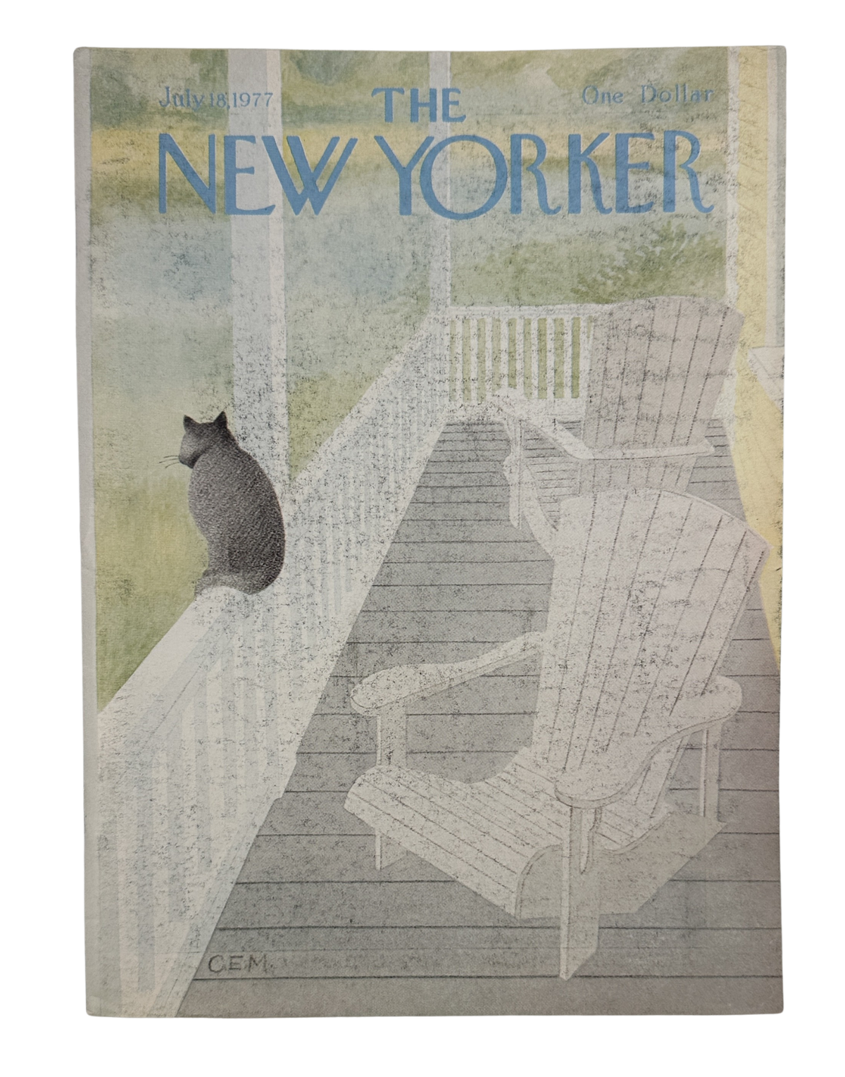 The New Yorker Magazine July 18, 1977 Porch Cat Adirondack Chairs Charles Martin Cover VG, vintage illustrated cover featuring a cat beside Adirondack chairs on a porch.