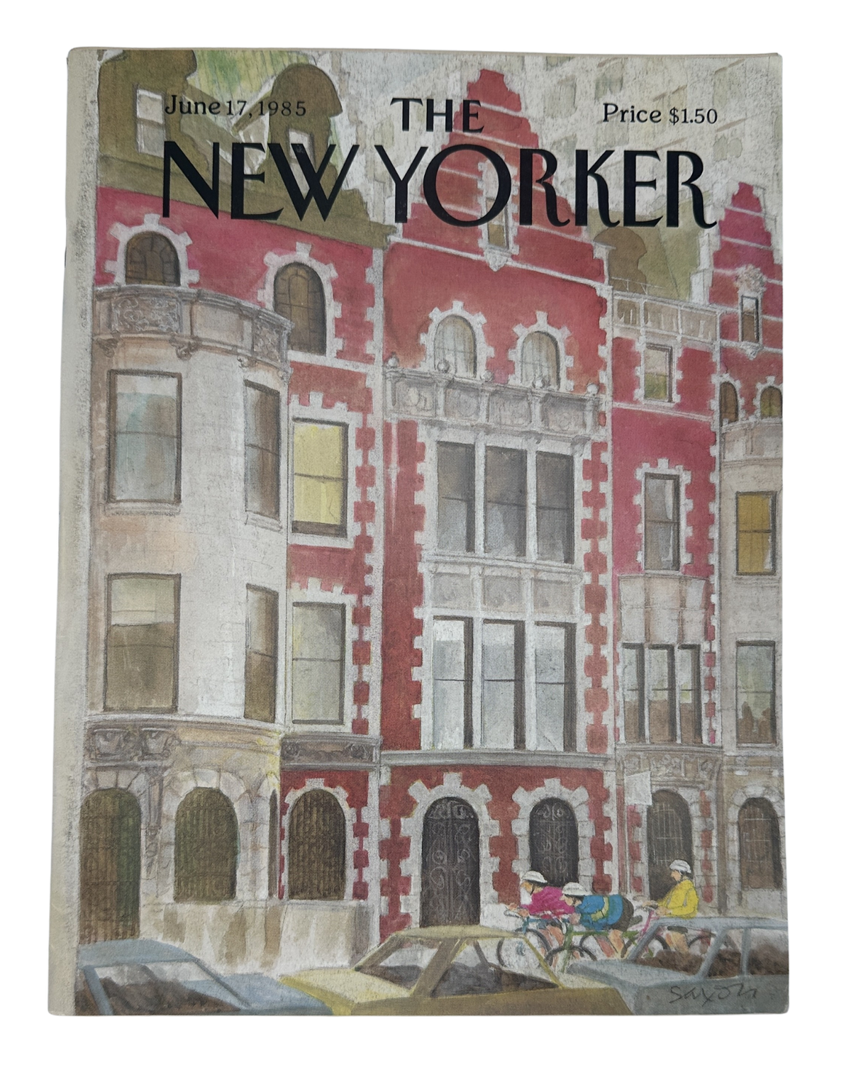 The New Yorker Magazine June 17, 1985 Red Townhouses Cyclists Charles Saxon Cover VG, featuring red townhouses and cyclists on the illustrated cover
