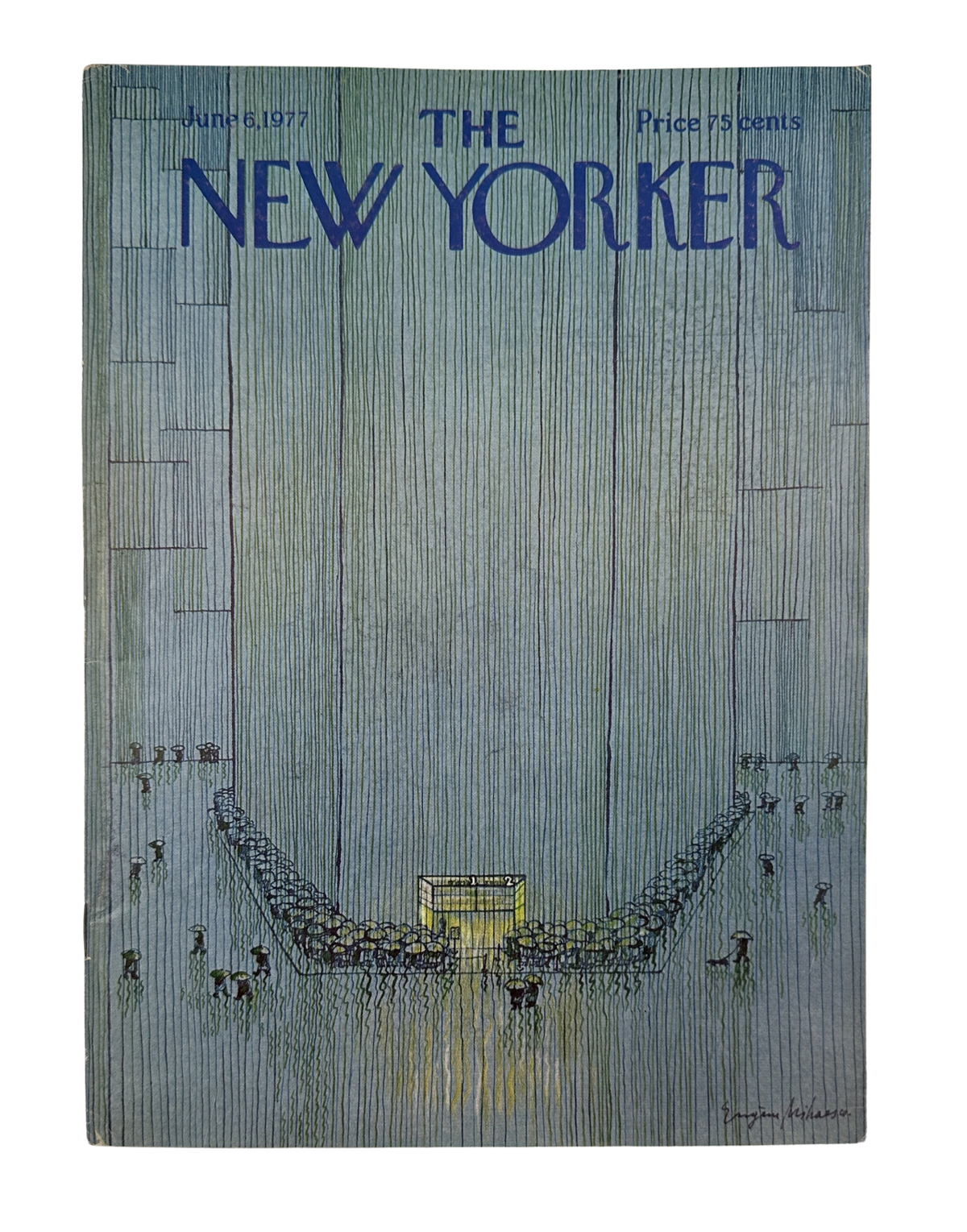 The New Yorker Magazine June 6, 1977 Rain Umbrellas Crowd Eugène Mihaesco Cover VG, front cover featuring a rainy crowd beneath umbrellas and The New Yorker masthead.