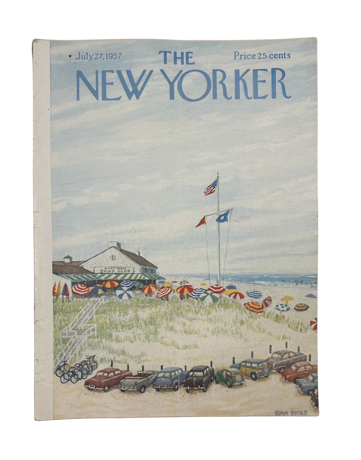 The New Yorker Magazine July 27, 1957 Surf Club Beach Edna Eicke Cover, vintage illustrated beach scene with umbrellas, flags, cars, and seaside clubhouse