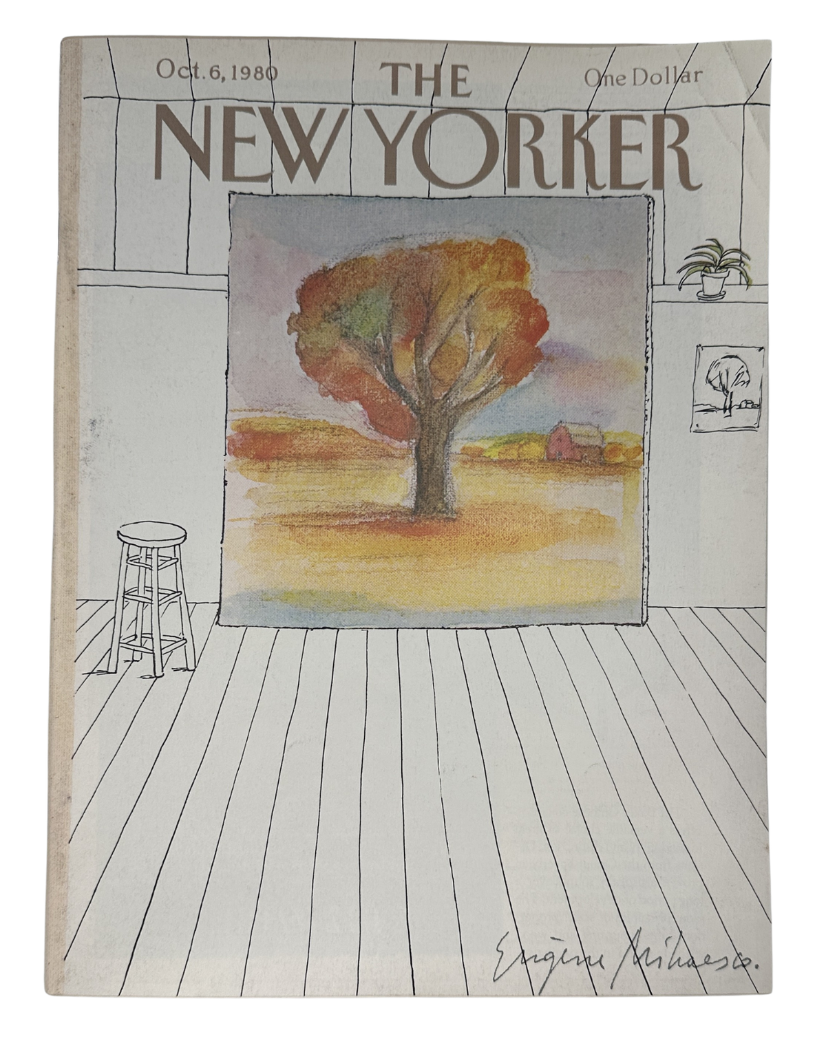 The New Yorker Magazine October 6, 1980 Autumn Tree Painting Eugène Mihaesco Cover, featuring a colorful autumn tree artwork displayed in a sketched interior scene.