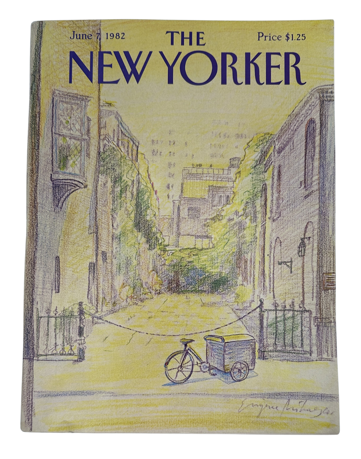 The New Yorker Magazine June 7, 1982 Sunlit Alley Bicycle Cart Eugène Mihaesco Cover, featuring an illustrated city alley with a bicycle and covered cart.