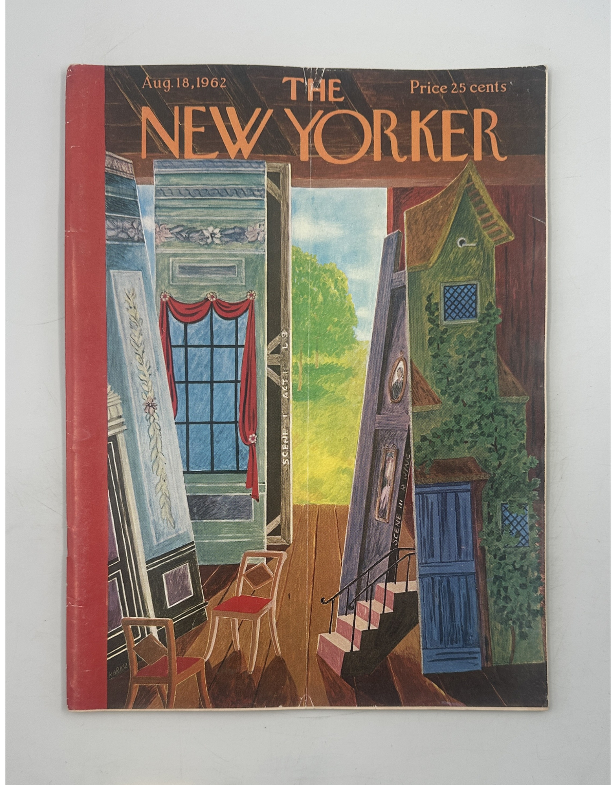 The New Yorker Magazine August 18, 1962 Stage Set Theater Ilonka Karasz Cover, featuring an illustrated theatrical interior with a window, staircase, chairs, and stage-set decor.