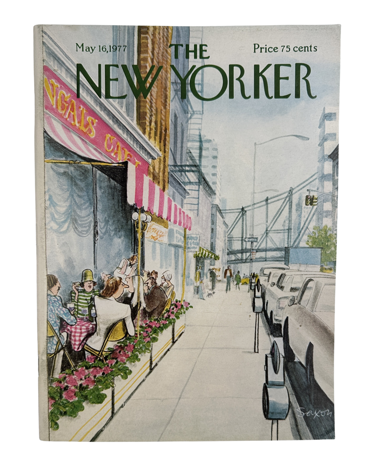 The New Yorker Magazine May 16, 1977 Cafe Bridge Charles Saxon Cover VG, featuring a colorful sidewalk cafe and city street illustration on the front cover.