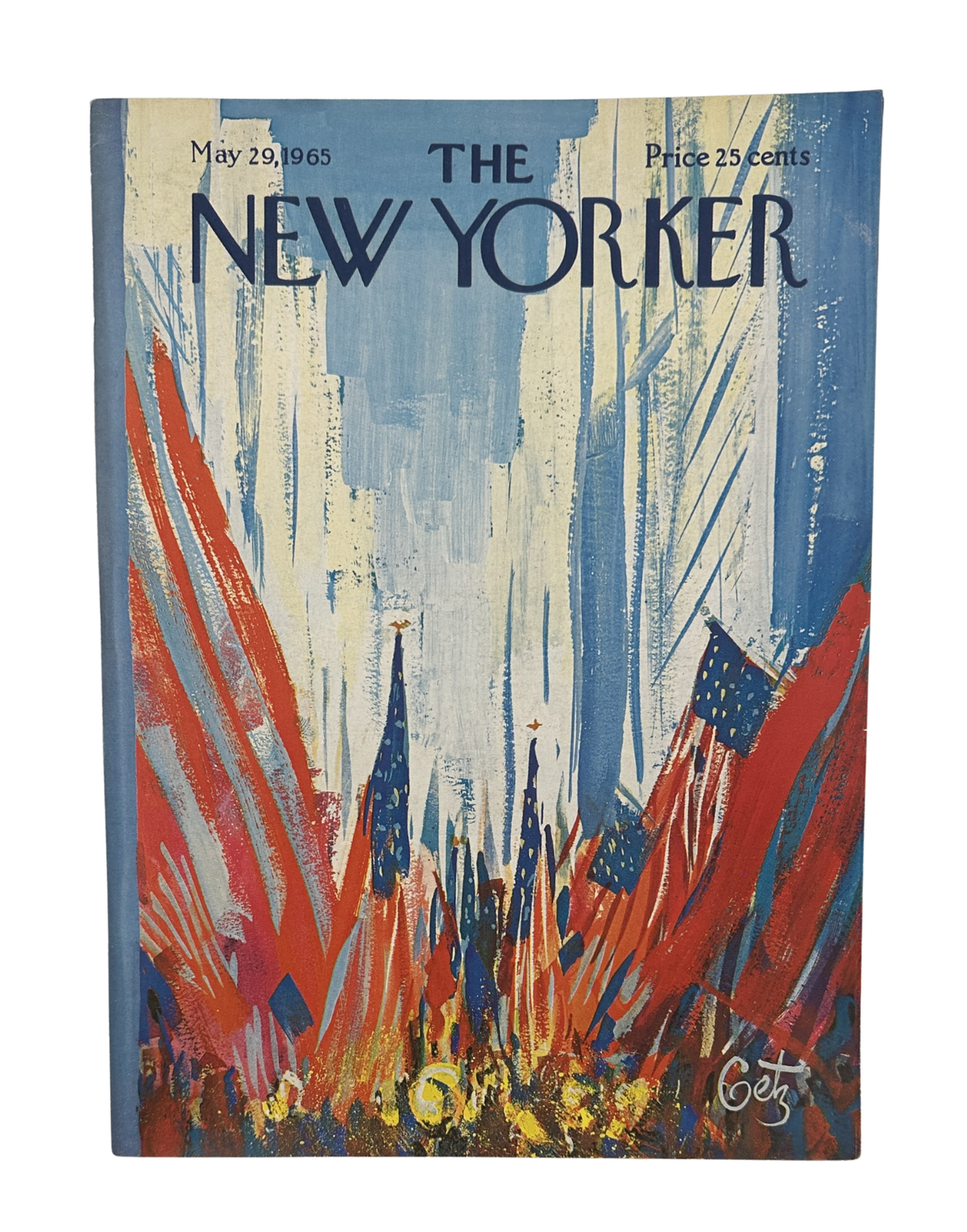 The New Yorker Magazine May 29, 1965 City Flags Abstract Arthur Getz Cover VG, featuring an abstract illustration of colorful city flags on the vintage magazine cover.