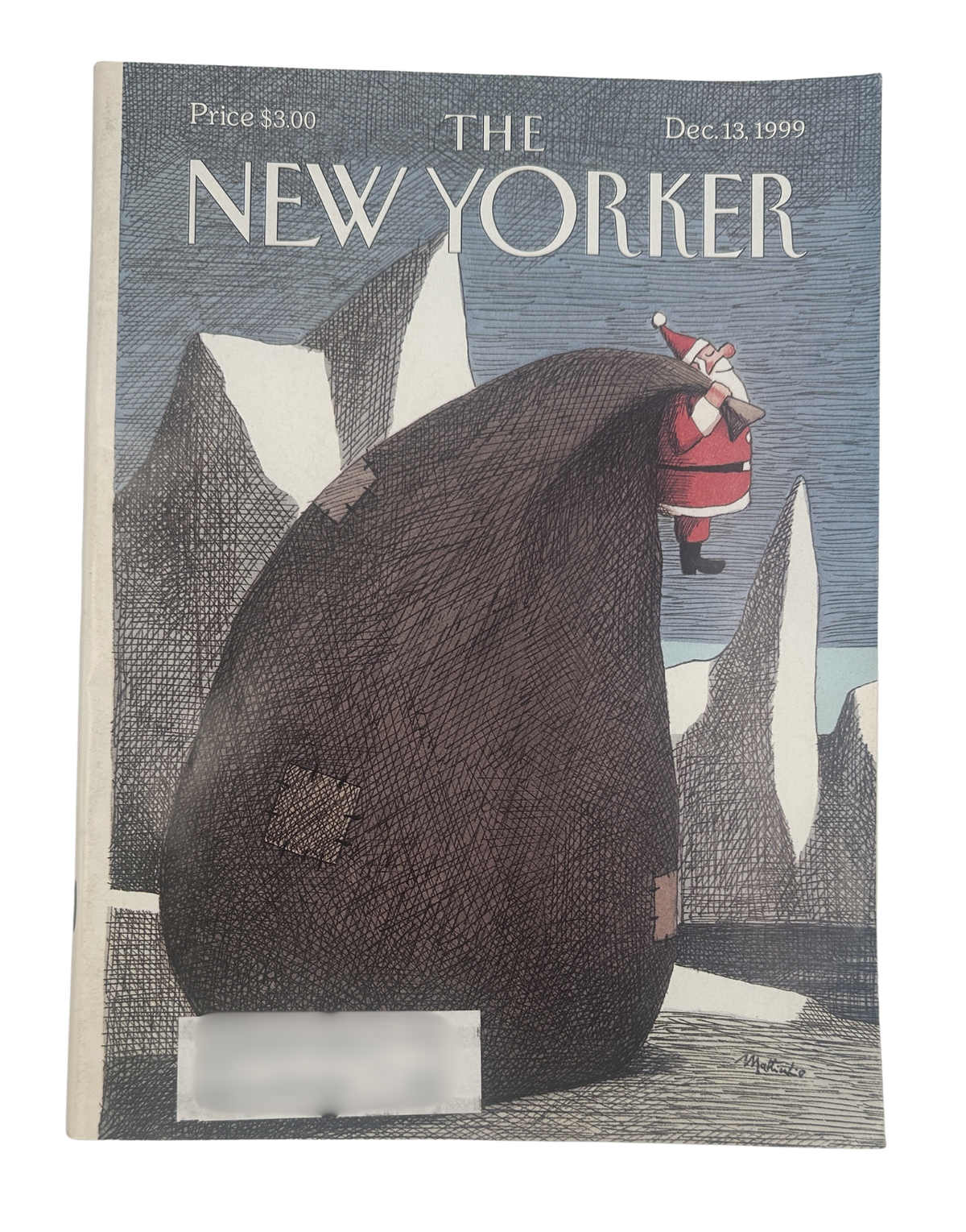 The New Yorker Magazine December 13, 1999 Santa Big Bag Franco Matticchio Cover VG, featuring the illustrated cover artwork of Santa Claus emerging from a large brown bag in a snowy landscape.