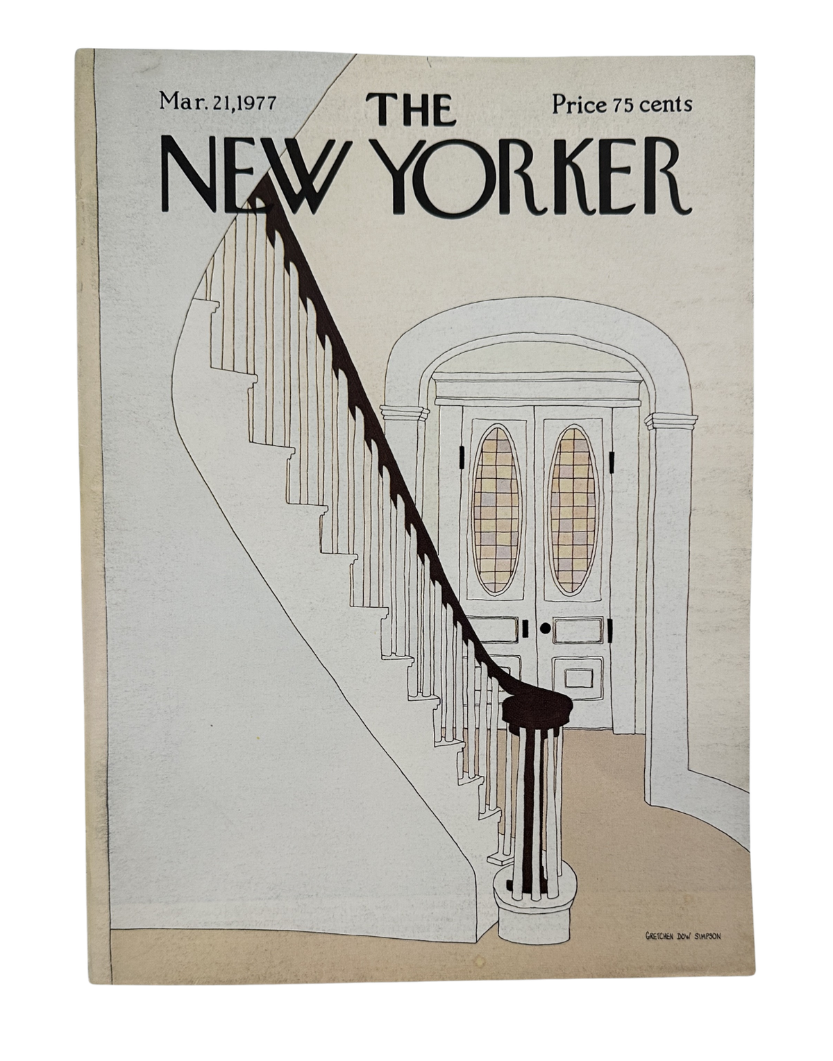 The New Yorker Magazine March 21, 1977 Elegant Curved Staircase Gretchen Dow Simpson, front cover featuring an illustrated curved staircase leading to double doors.