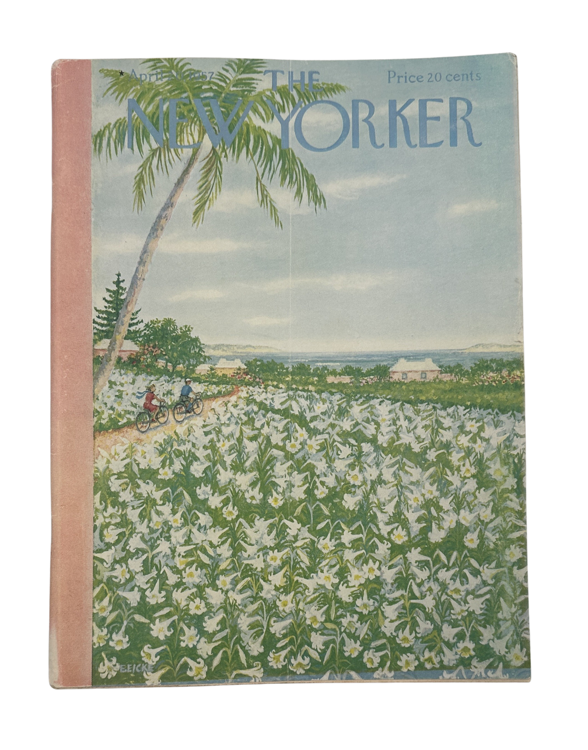 The New Yorker Magazine April 20, 1957 Tropical Lilies Edna Eicke Cover, featuring a palm tree overlooking a field of tropical lilies and a distant landscape