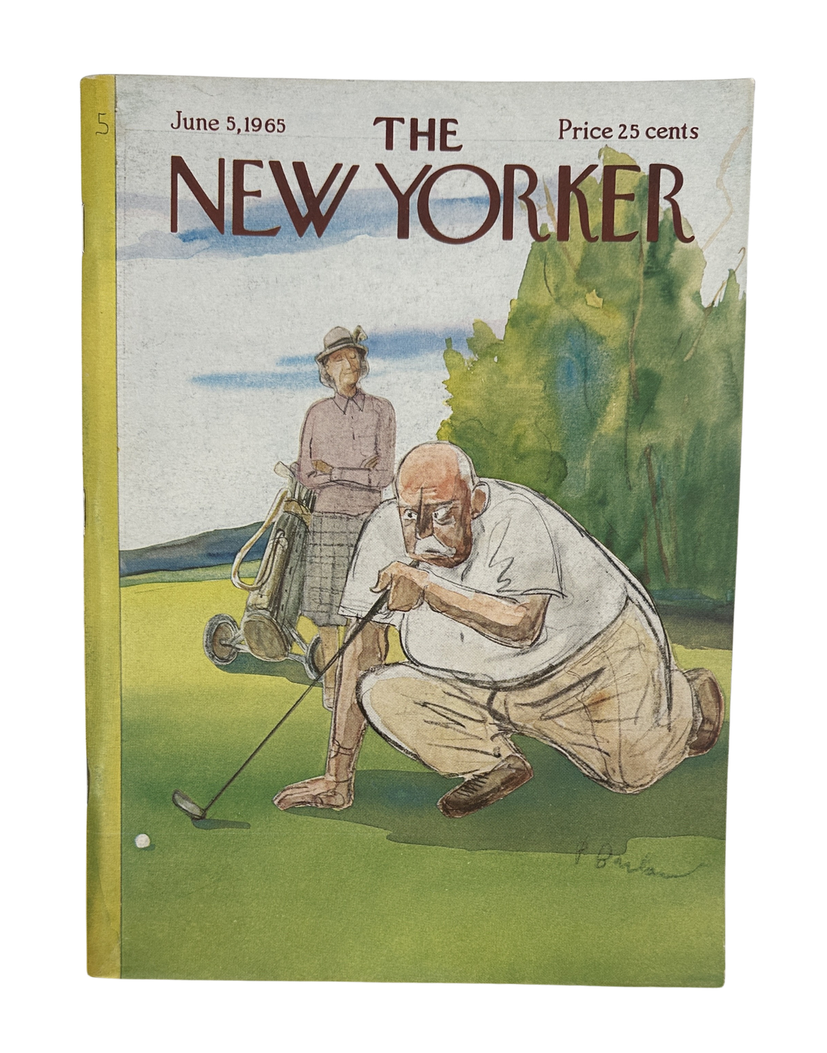The New Yorker Magazine June 5, 1965 Golf Perry Barlow Cover VG, featuring an illustrated golfer putting on a golf course with a caddie in the background.
