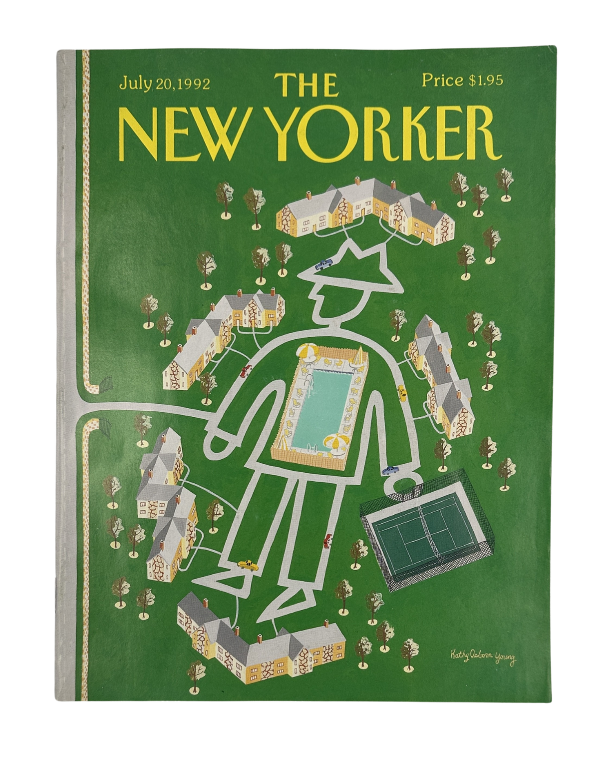 The New Yorker Magazine July 20, 1992 Aerial Pool Tennis Court Kathy Osborn Young Cover, featuring an illustrated aerial view of a swimming pool, tennis court, houses, and landscaped grounds on a green cover.