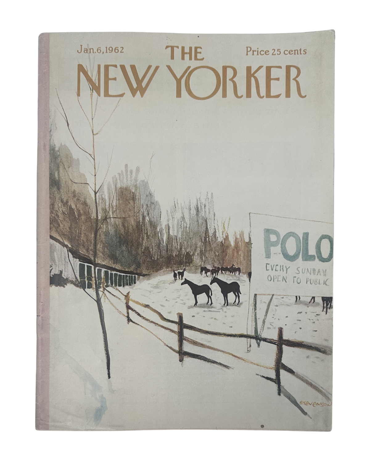 The New Yorker Magazine January 6, 1962 Snowy Polo Field Horses James Stevenson Cover, featuring a snowy polo field with horses and a Polo sign.