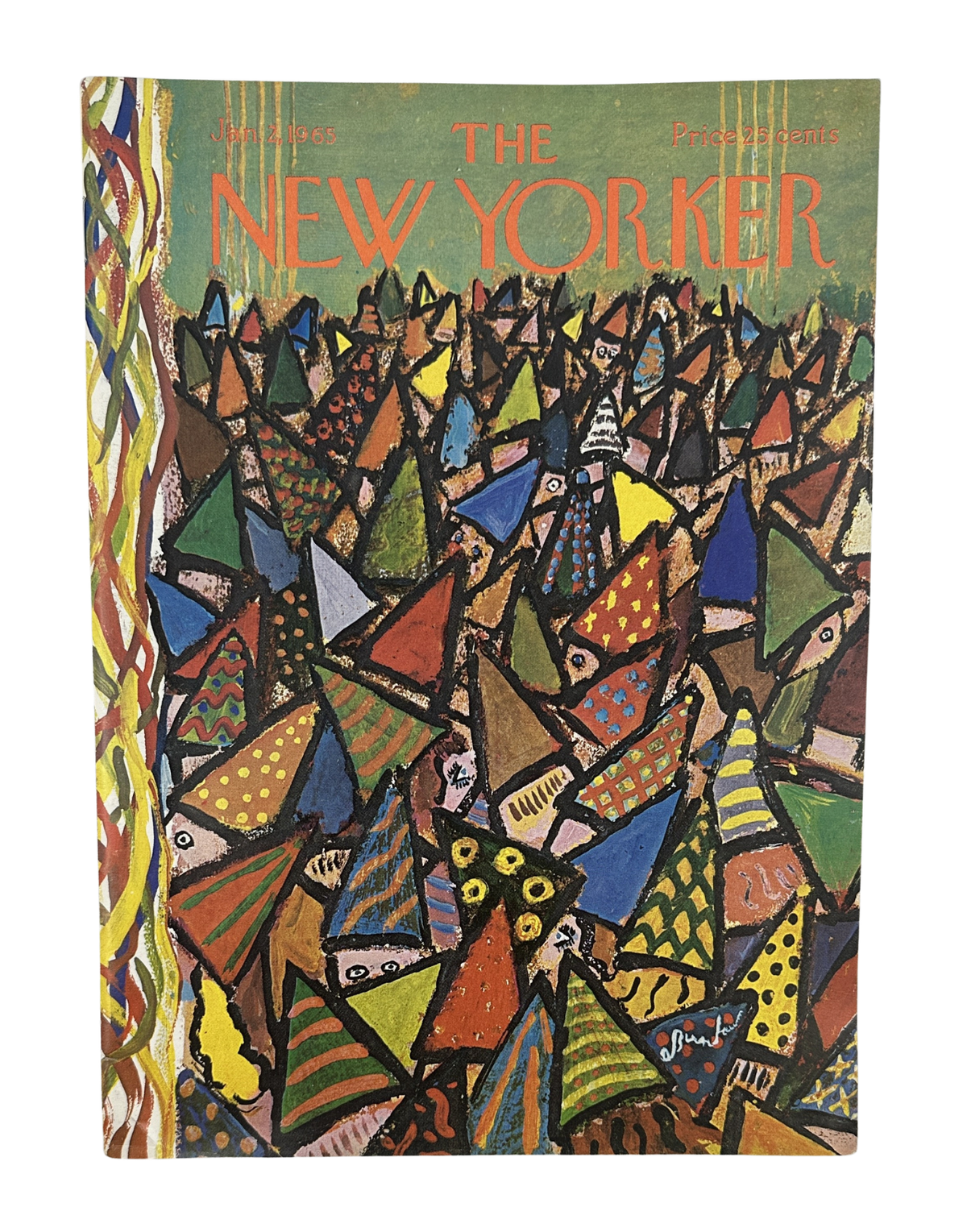 The New Yorker Magazine January 2, 1965 Abstract Party Hats Abe Birnbaum Cover VG, featuring a colorful abstract illustration of party hats on the front cover