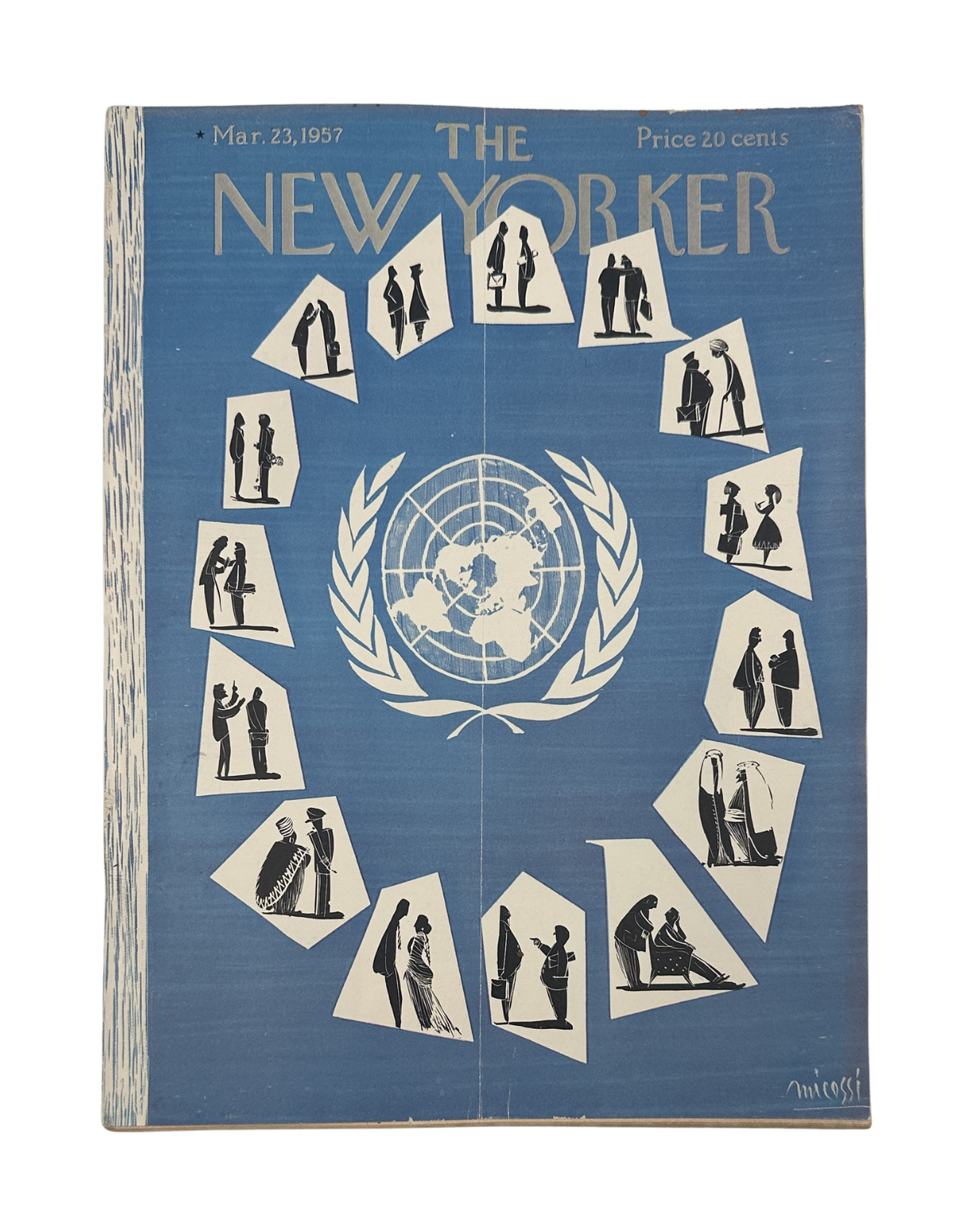 The New Yorker Magazine March 23, 1957 United Nation Diplomacy Mario Micossi Cover, featuring a blue United Nations emblem surrounded by illustrated delegates.