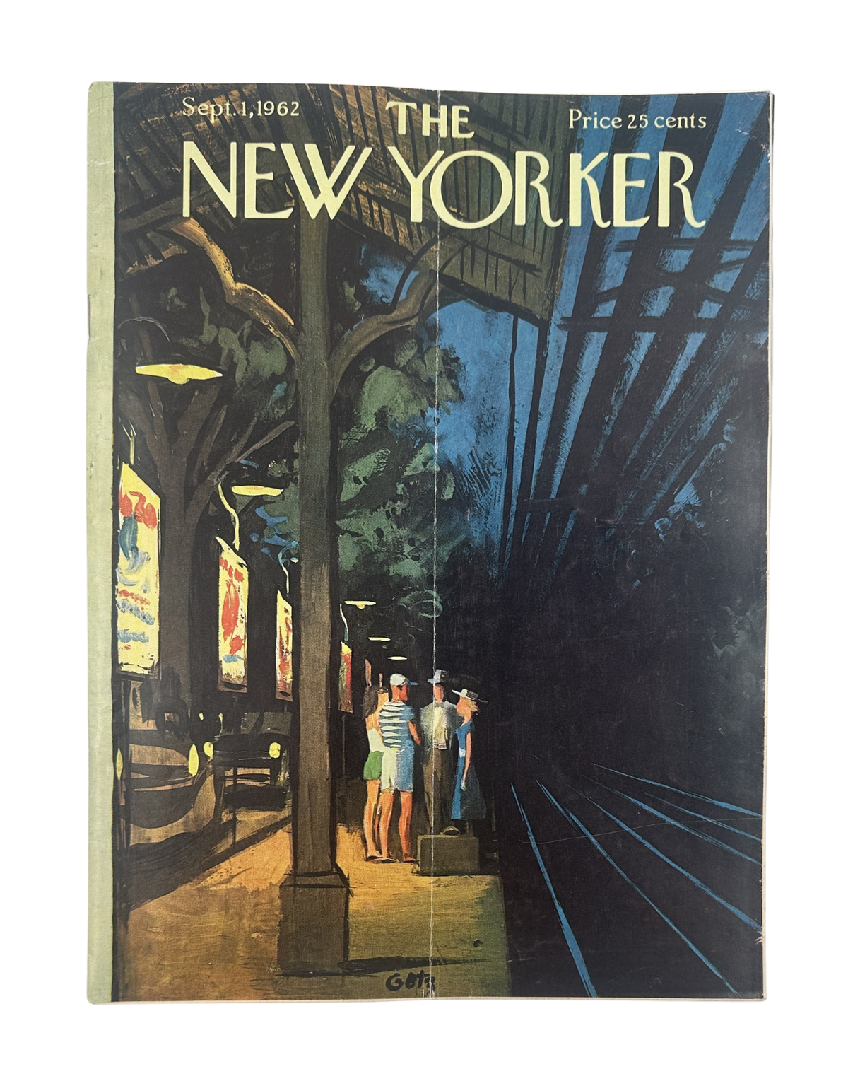 The New Yorker Magazine September 1, 1962 Night Train Platform Arthur Getz Cover featuring an illustrated nighttime train platform with passengers waiting beside the tracks