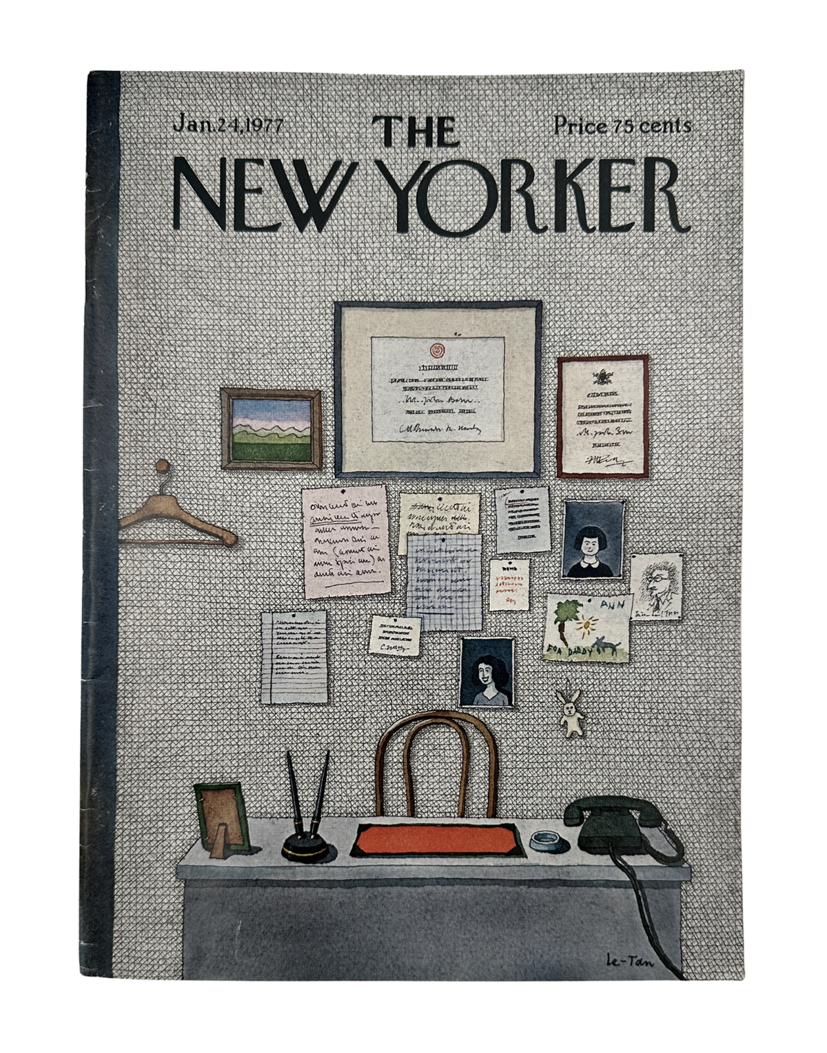 The New Yorker Magazine January 24, 1977 Office Desk Wall Mementos Pierre Le-Tan Cover, featuring an illustrated office desk with framed wall mementos and stationery.