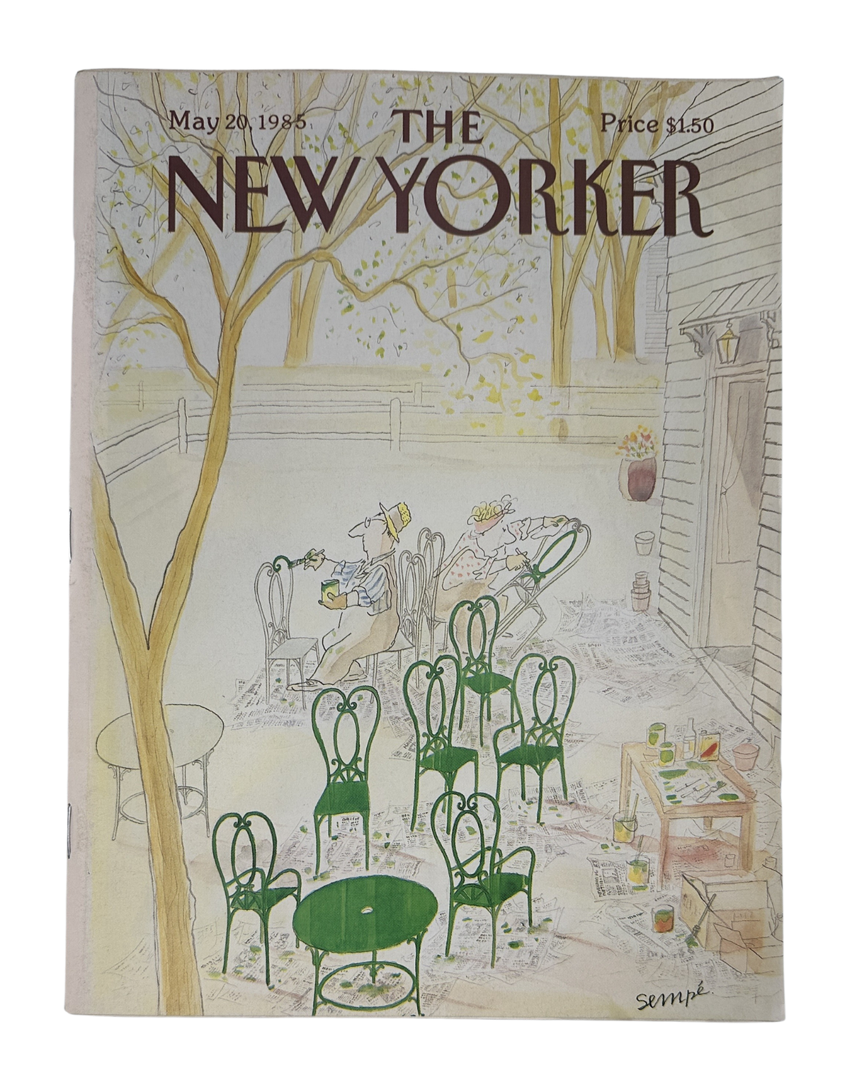 The New Yorker Magazine May 20, 1985 Outdoor Painting Garden J. J. Sempé Cover, featuring an illustrated outdoor garden patio with green chairs and table.