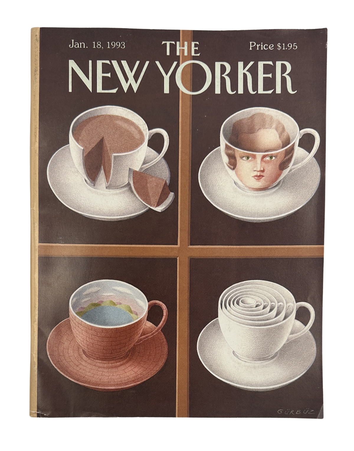 The New Yorker Magazine January 18, 1993 Four Surreal Teacups Gürbüz Doğan Ekşioğlu Cover, featuring four illustrated teacups arranged in panels on the vintage magazine cover